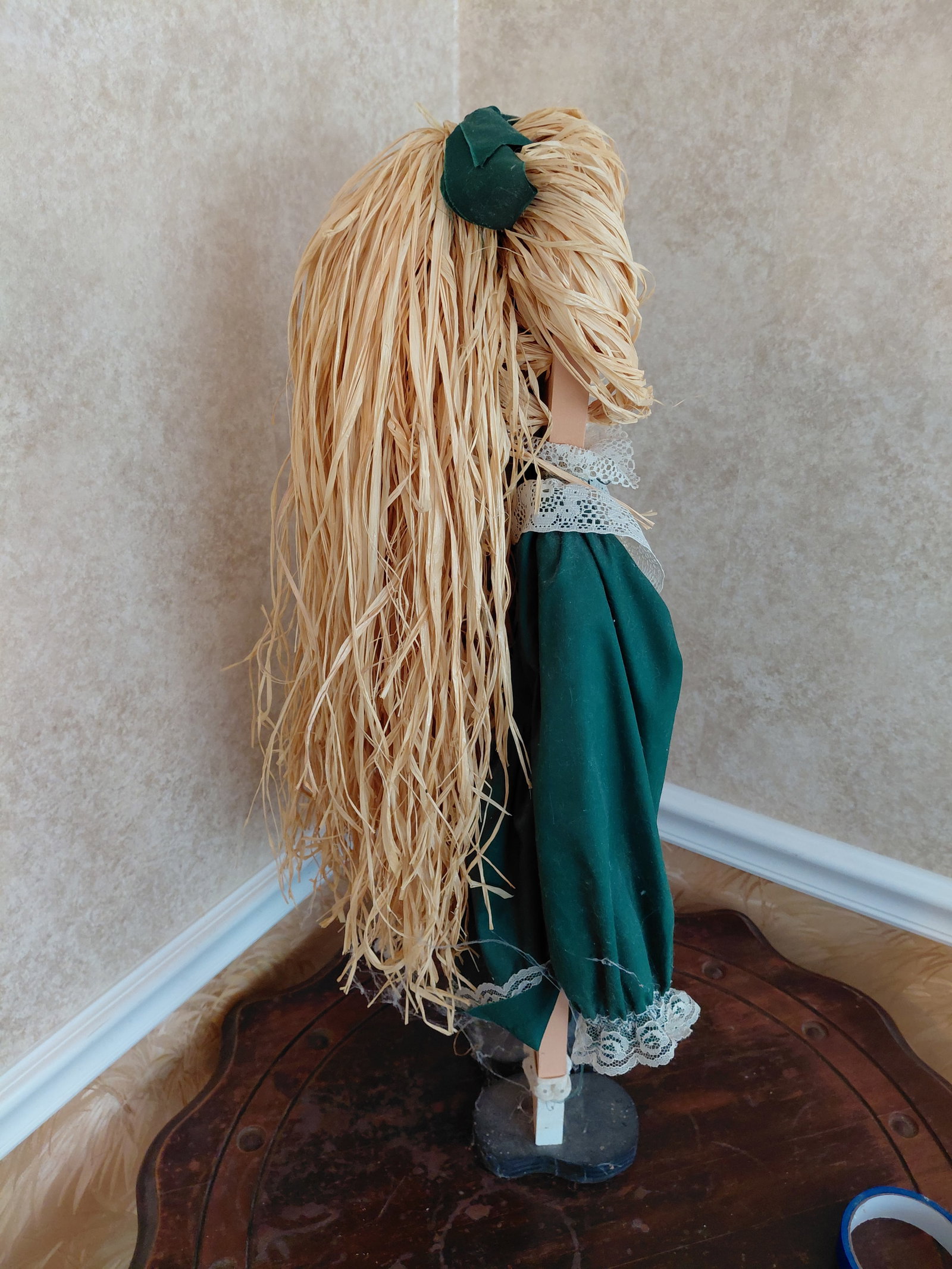 Large Wood Statue of Girl in Green Dress - 5