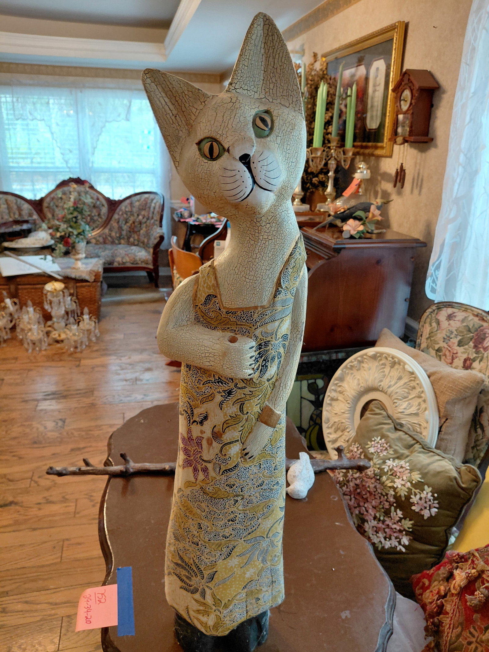 Large Wood Cat Statue with Fabric Covering: Large Wood Cat Statue with Fabric Covering