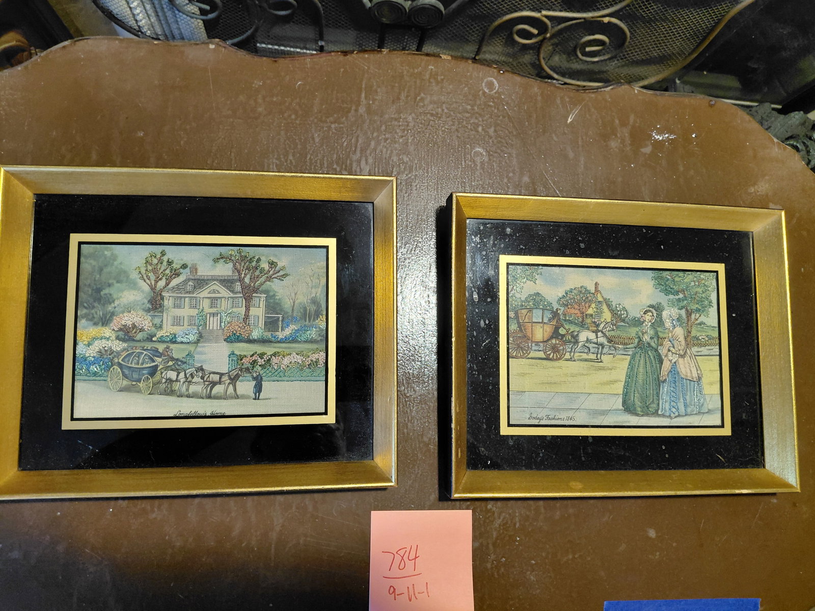 Vintage Pair Framed Embroidery Artwork / Longfellows Home and Godeys Fashions 1845: Vintage Pair Framed Embroidery Artwork / Longfellows Home and Godeys Fashions 1845