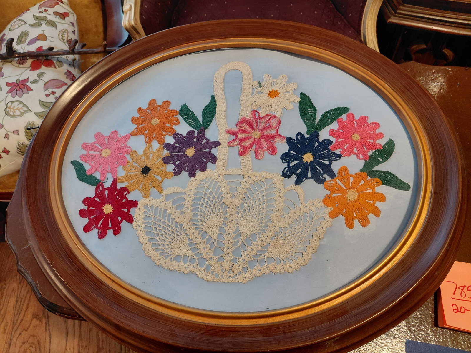 Large Oval Framed Embroidery Art Piece / Basket of Flowers: Large Oval Framed Embroidery Art Piece / Basket of Flowers