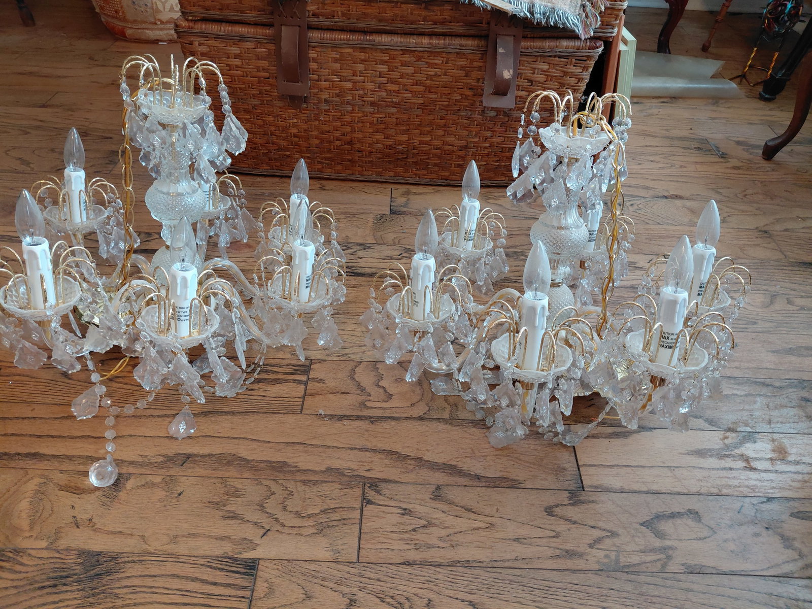 Lot of 2 / 1980s Style Lucite Crystal and Gold Chandaliers / as seen: Lot of 2 / 1980s Style Lucite Crystal and Gold Chandaliers / as seen