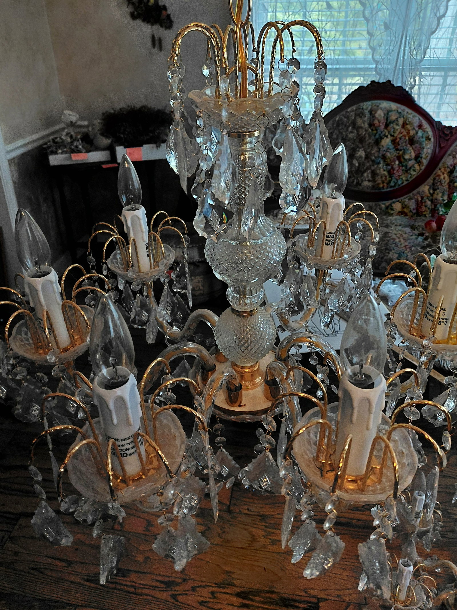 Lot of 2 / 1980s Style Lucite Crystal and Gold Chandaliers / as seen - 4