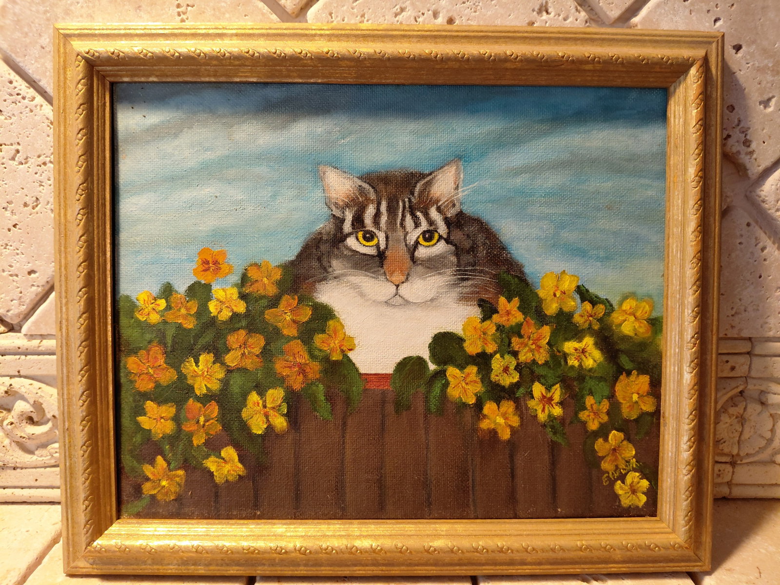 Framed Oil Painting Cat in Flowers: Framed Oil Painting Cat in Flowers