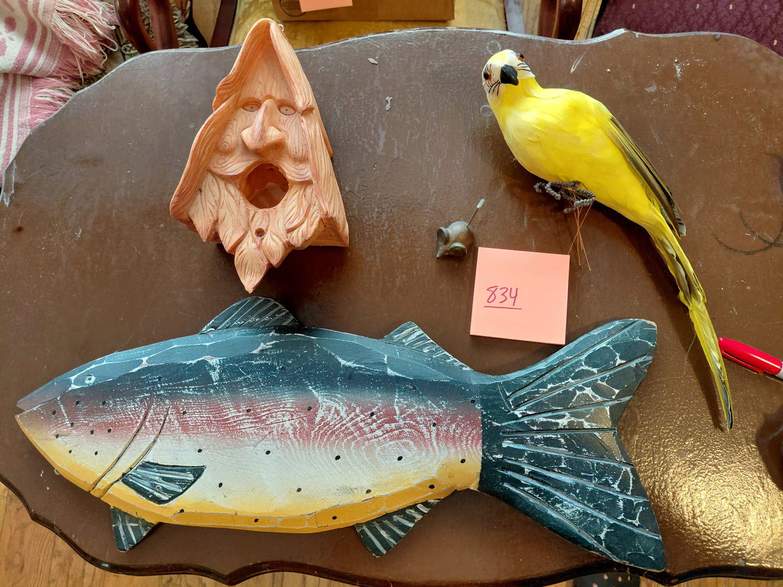 Lot misc/ Wood Fish, Brass Mouse Ring Holder, etc: Lot misc/ Wood Fish, Brass Mouse Ring Holder, etc