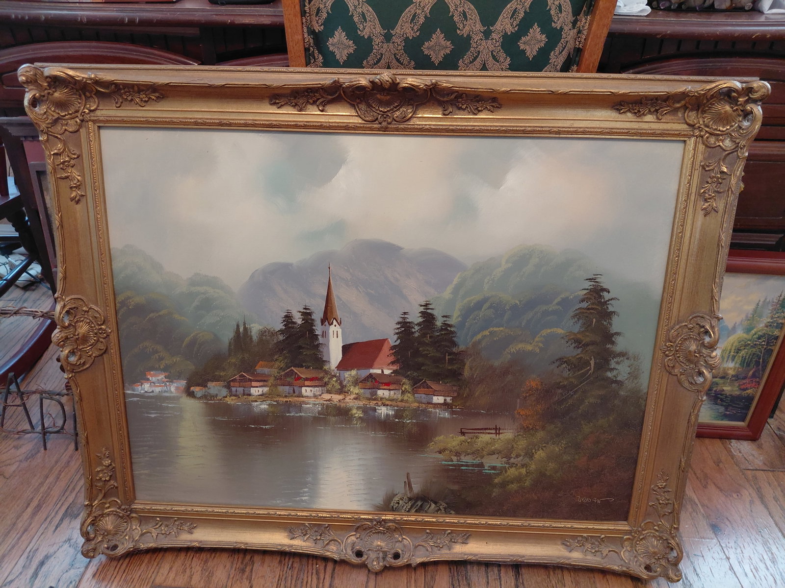 Large Vintage German Oil on Canvas Painting / Tegernsee Lake in Bavaria / Artist Signed: Large Vintage German Oil on Canvas Painting / Tegernsee Lake in Bavaria / Artist Signed