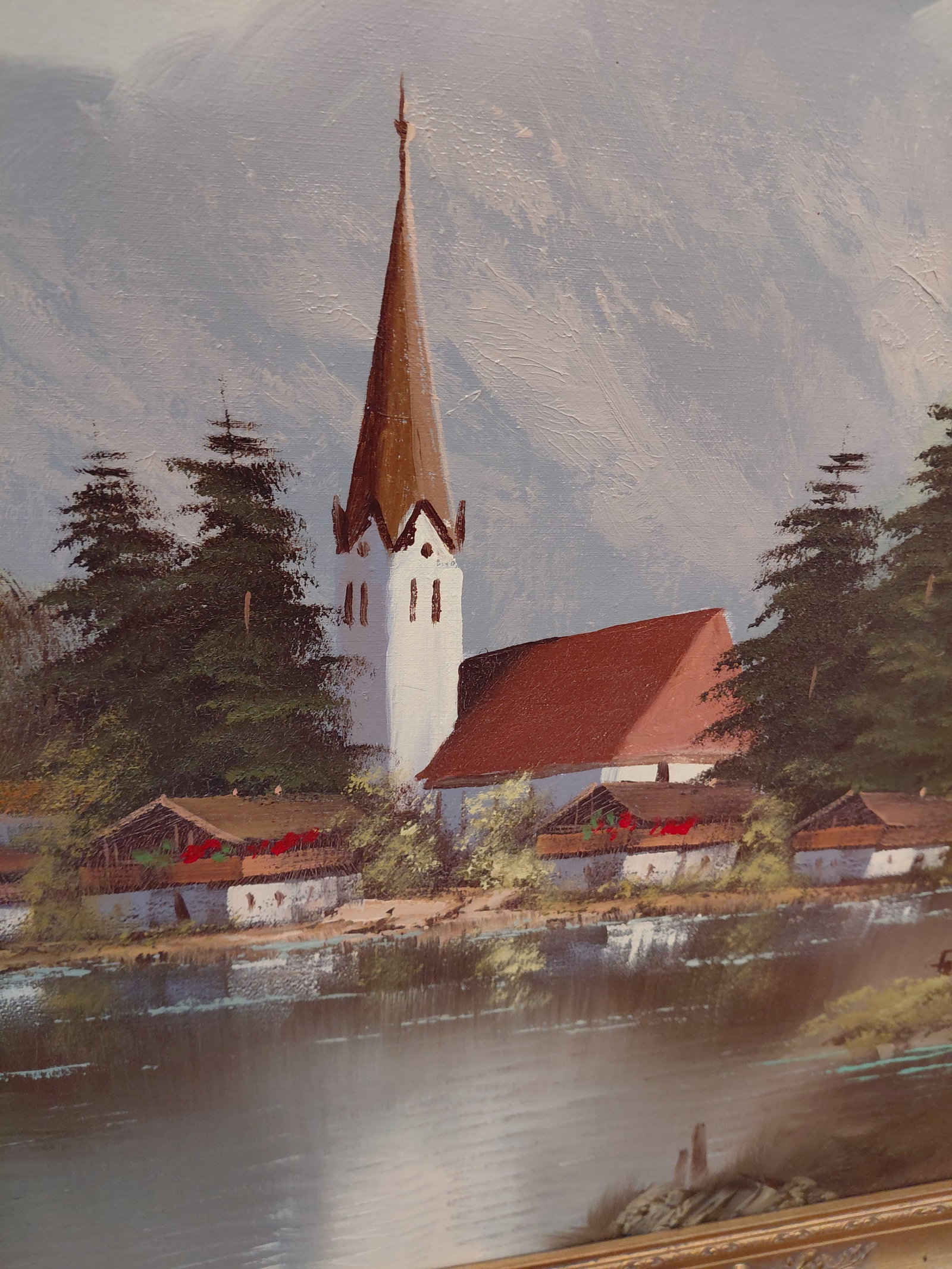Large Vintage German Oil on Canvas Painting / Tegernsee Lake in Bavaria / Artist Signed - 4