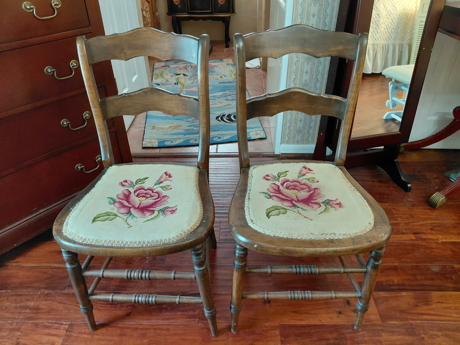 Beautiful Vintage Pair of Rose Cross Stitch Chairs: Beautiful Vintage Pair of Rose Cross Stitch Chairs