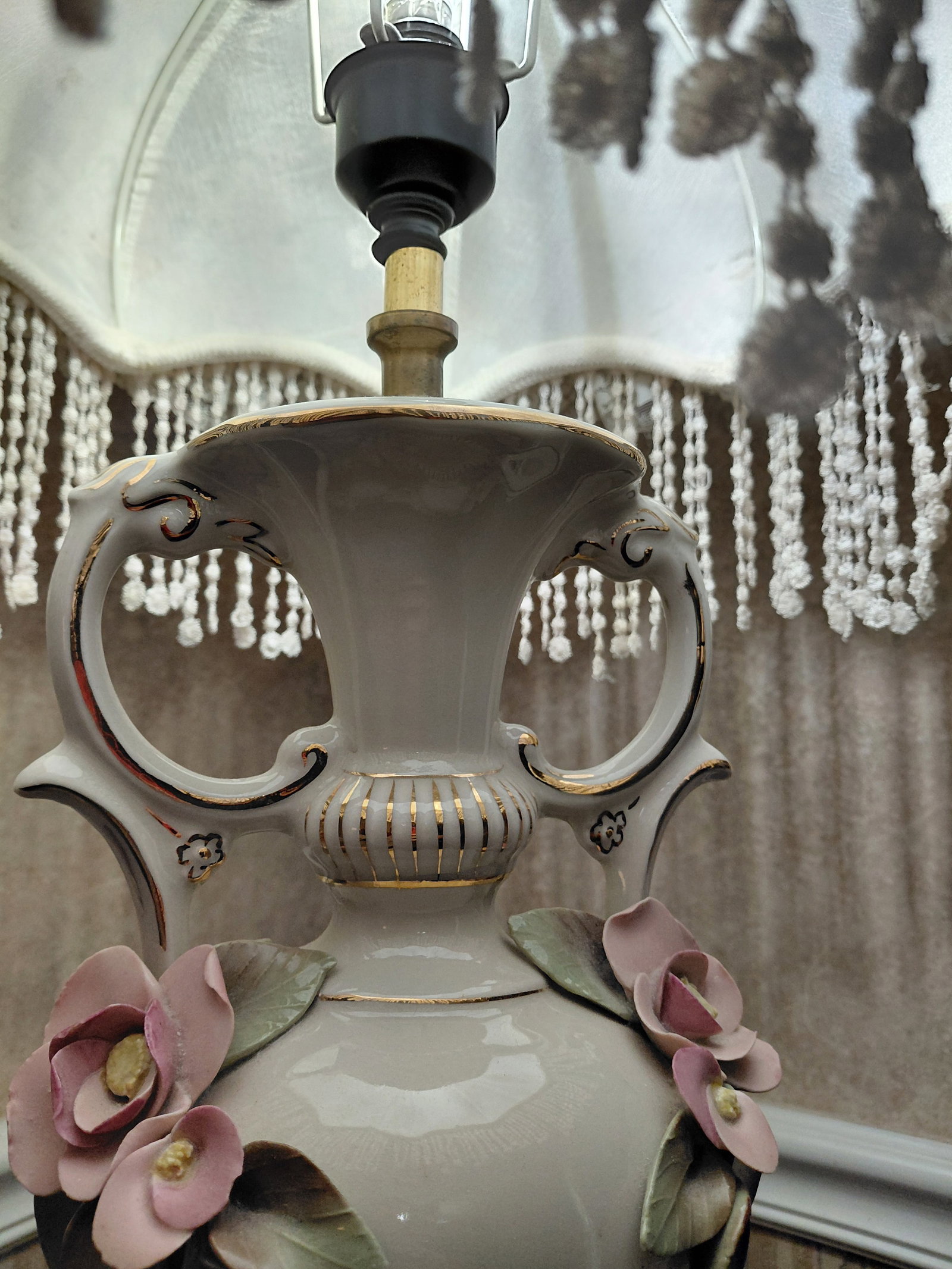 Very Ornate Porcelain Lamp with Metal Base and Very Ornate Shade / As seen - 5