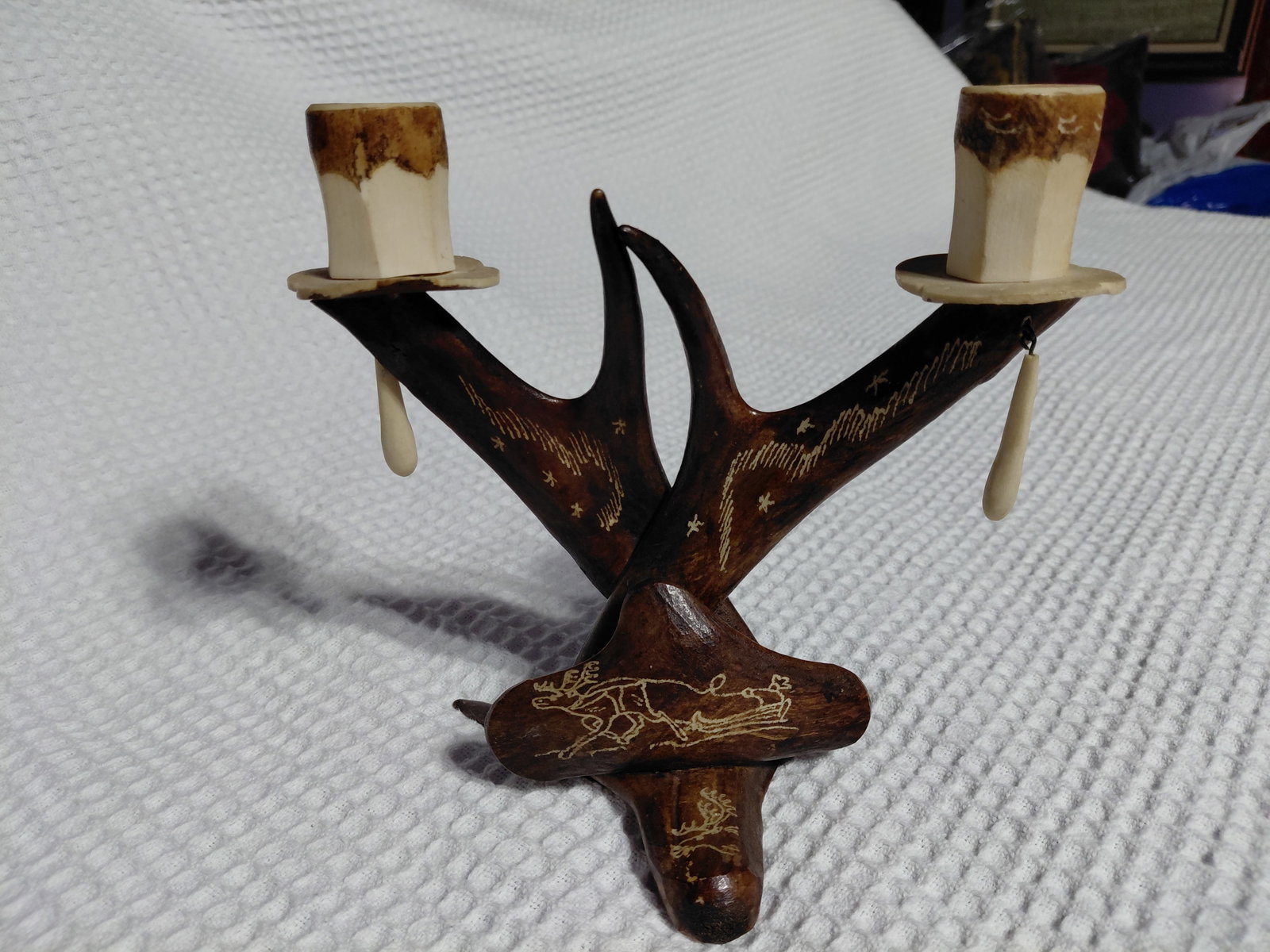 Unique Vintage Custom Intricately Carved Deer Antler Candle Holder: Unique Vintage Custom Intricately Carved Deer Antler Candle Holder