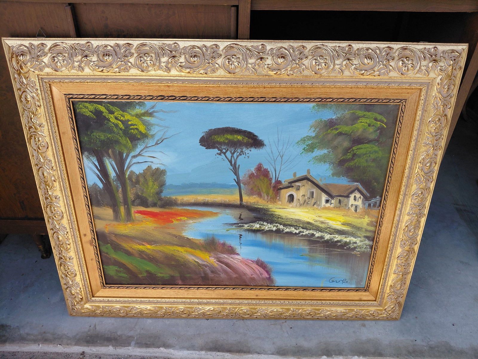 Beautiful Framed Oil on Canvas Cottage by the River / Artist Signed (1 of 2)