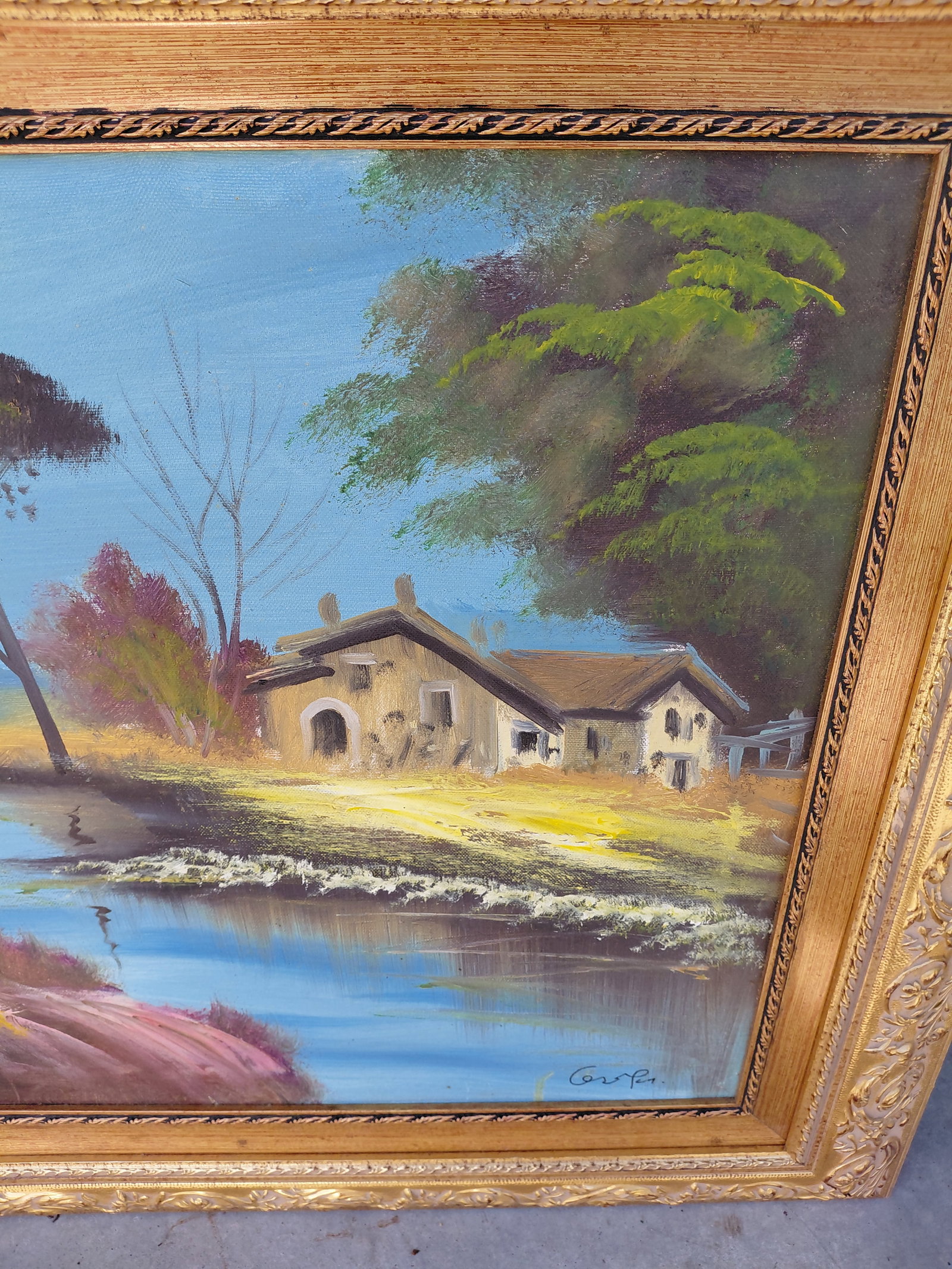 Beautiful Framed Oil on Canvas Cottage by the River / Artist Signed - 3