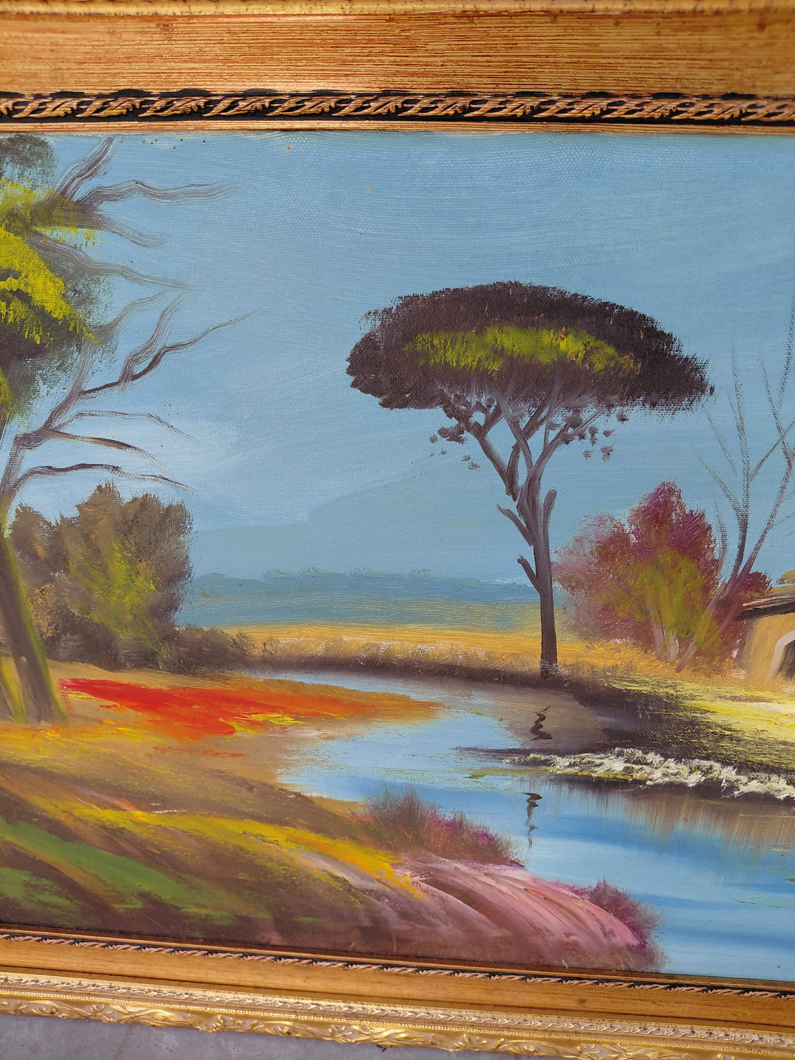 Beautiful Framed Oil on Canvas Cottage by the River / Artist Signed - 4