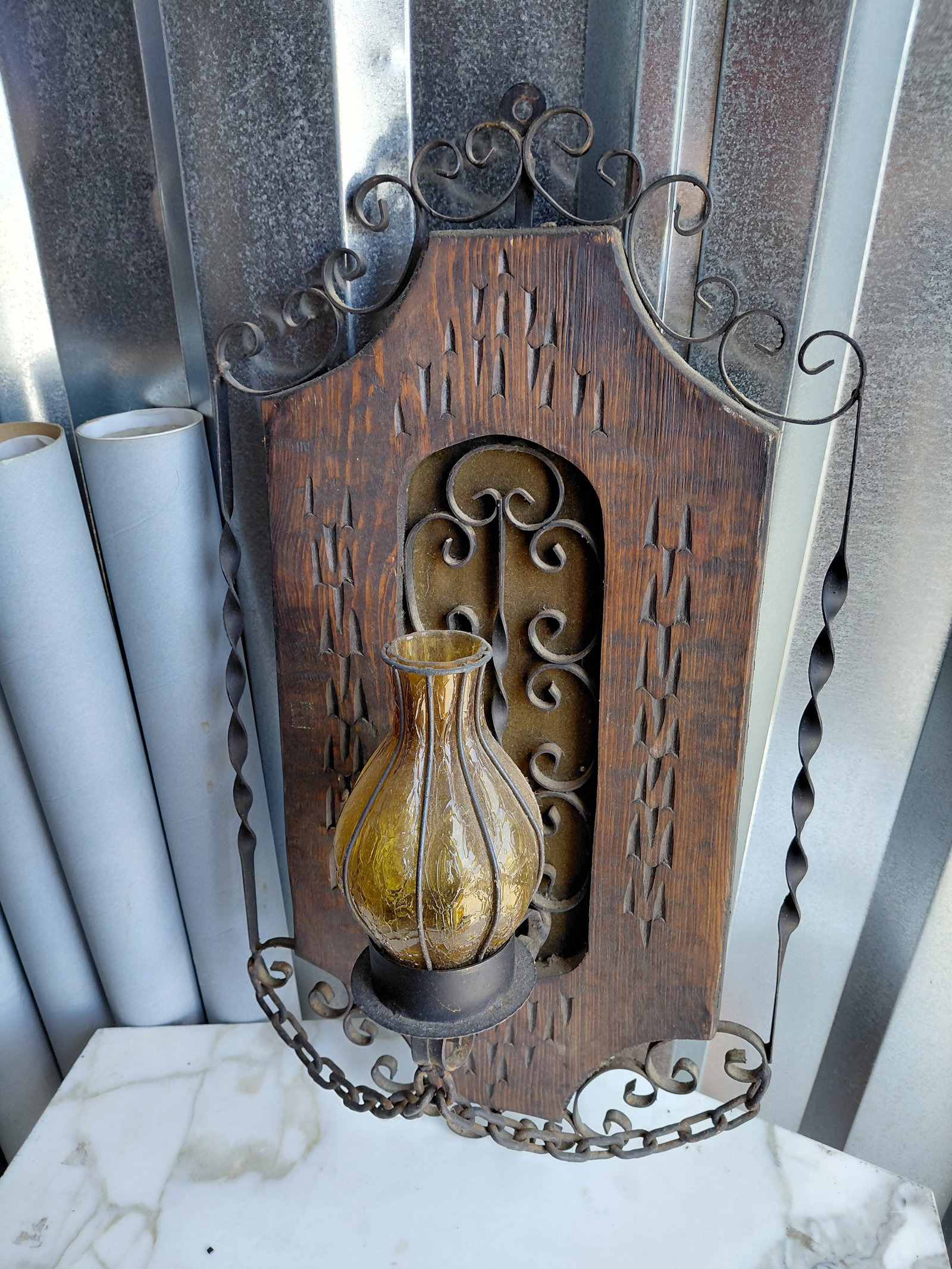 Vintage Mid Century Spanish Revival Wood & Iron Wall Sconce / as seen: Vintage Mid Century Spanish Revival Wood & Iron Wall Sconce / as seen