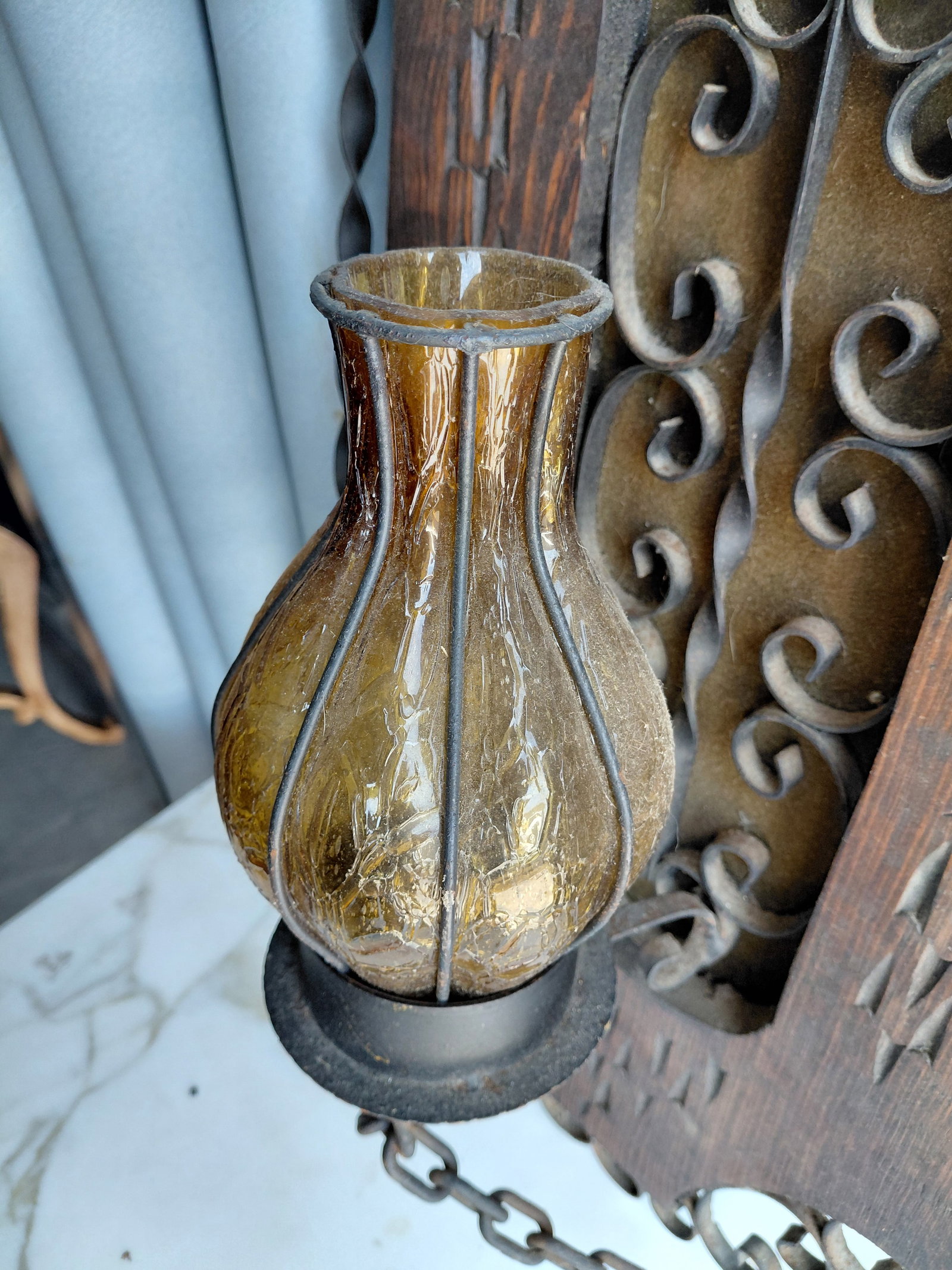 Vintage Mid Century Spanish Revival Wood & Iron Wall Sconce / as seen - 3