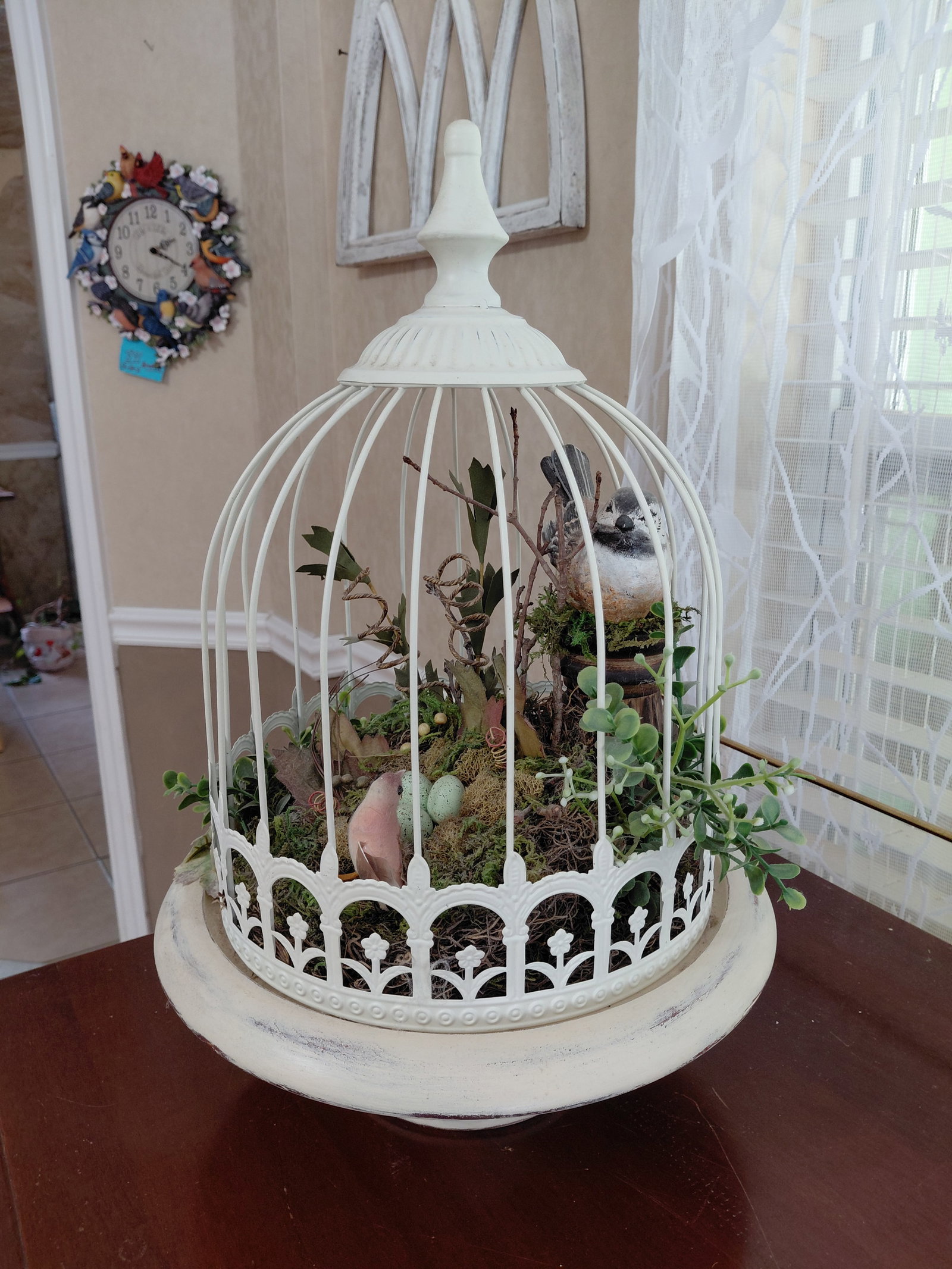Metal and Wood Bird Cage Pedestal with Bird Contents: Metal and Wood Bird Cage Pedestal with Bird Contents