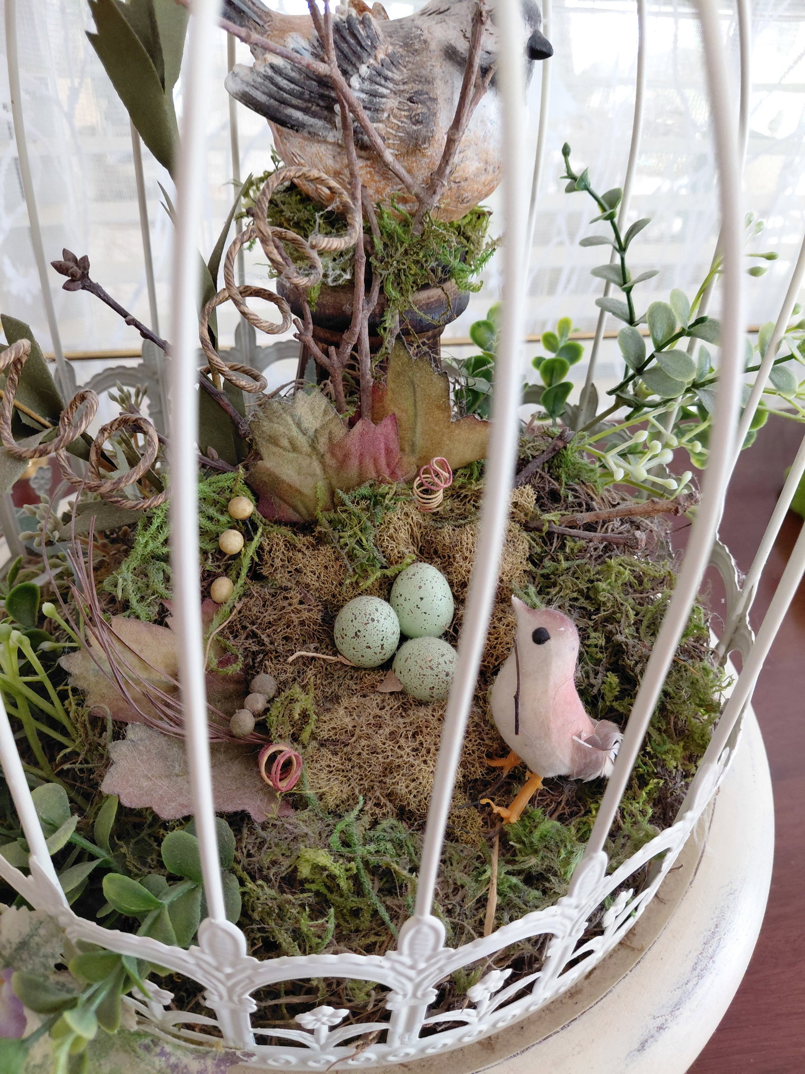 Metal and Wood Bird Cage Pedestal with Bird Contents - 4