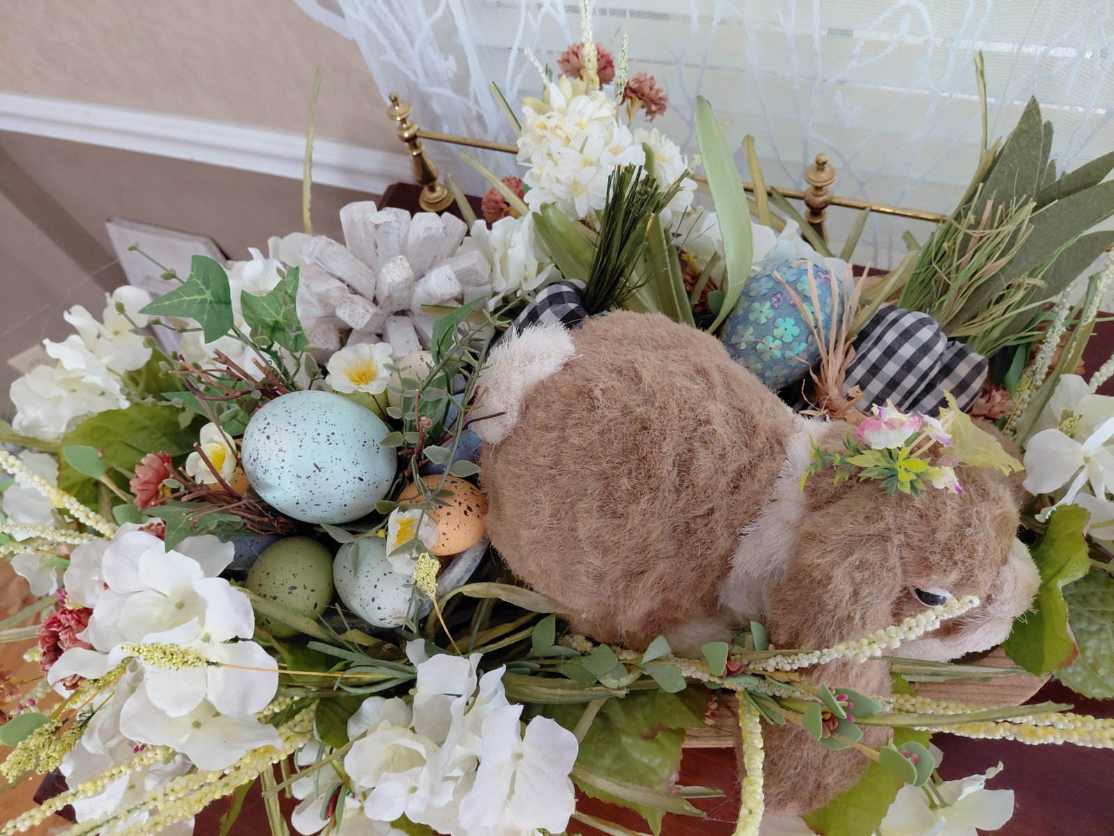 Large Bunny Rabbit & Bird Floral Display in Wood Dough Bowl - 2