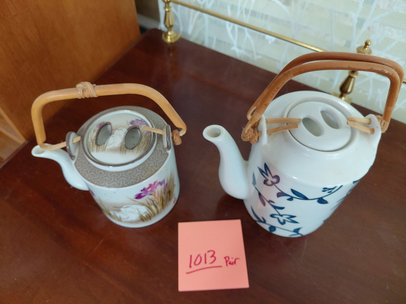 Pair of Asian Porcelain Tea Pots with Bamboo Handles - 2