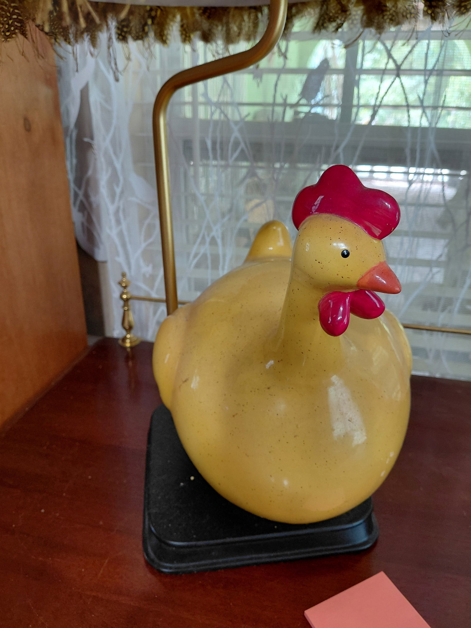 Large Pottery Chicken Lamp with Feather Trimmed Shade - 5