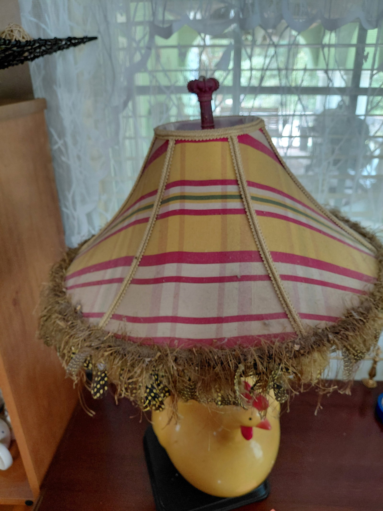 Large Pottery Chicken Lamp with Feather Trimmed Shade - 6