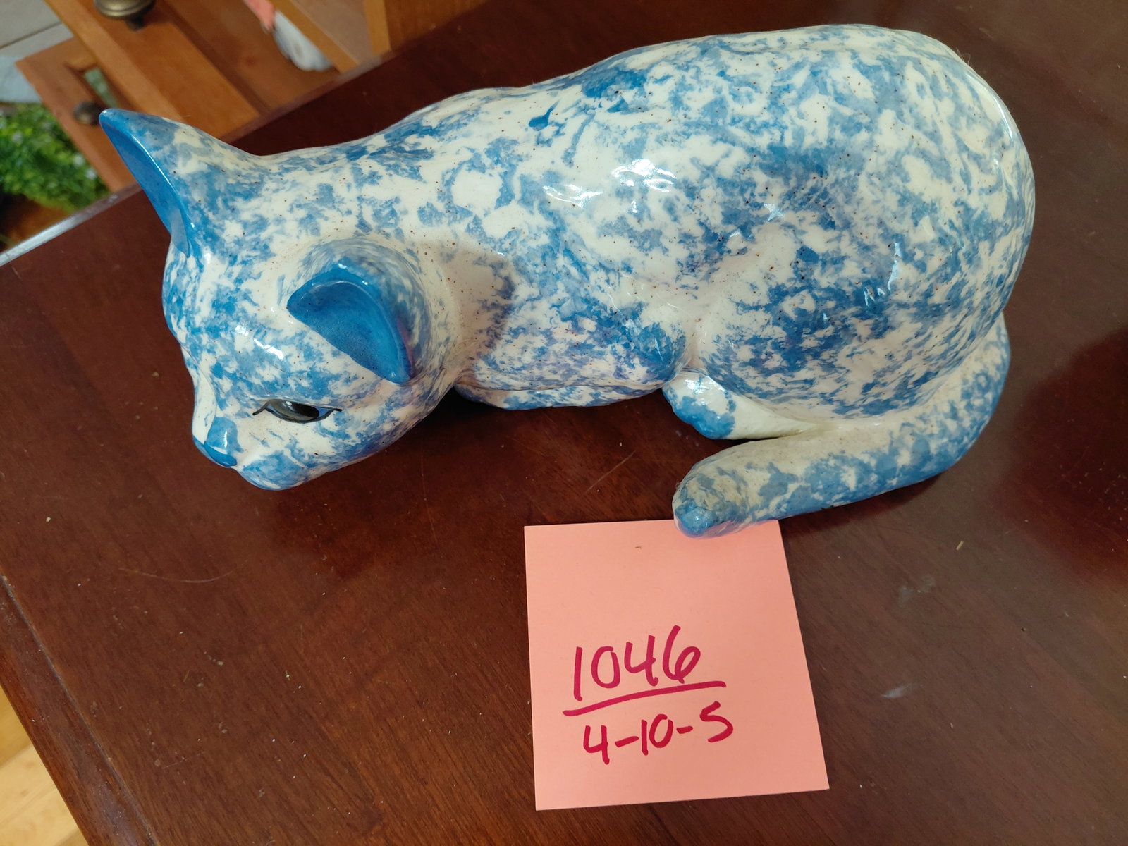 Ceramic Spongeware Cat Statue - 2