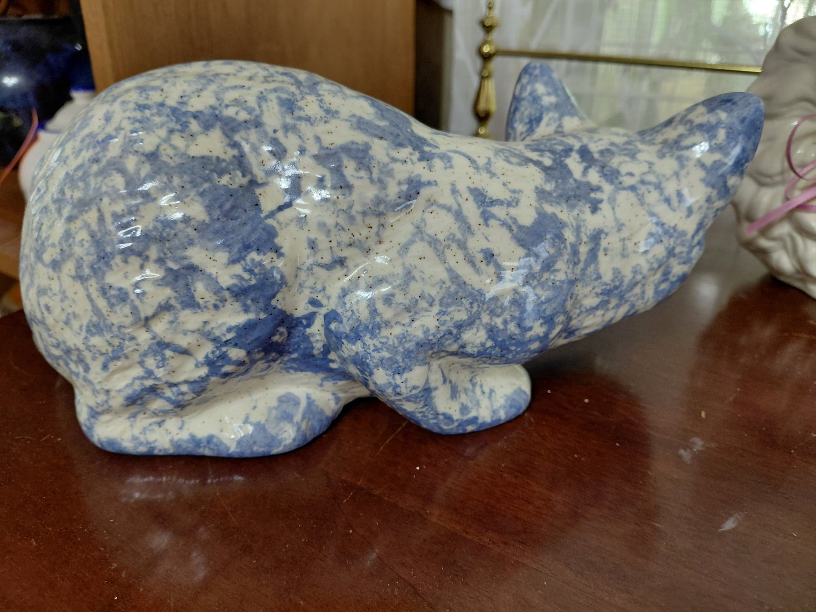 Ceramic Spongeware Cat Statue - 4