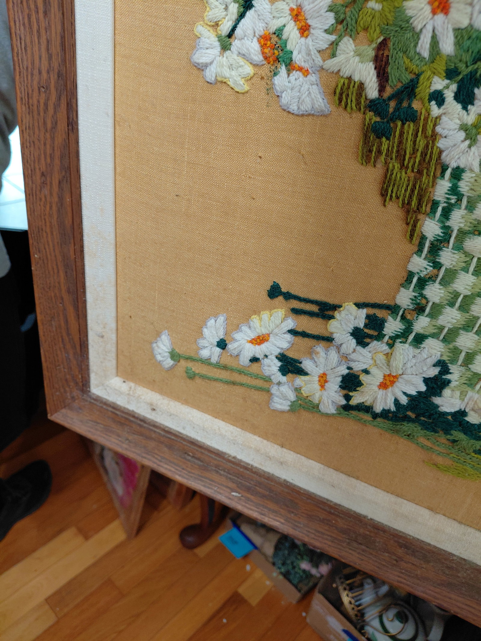 Large Embroidery Framed Baske of Flowers / as seen - 7