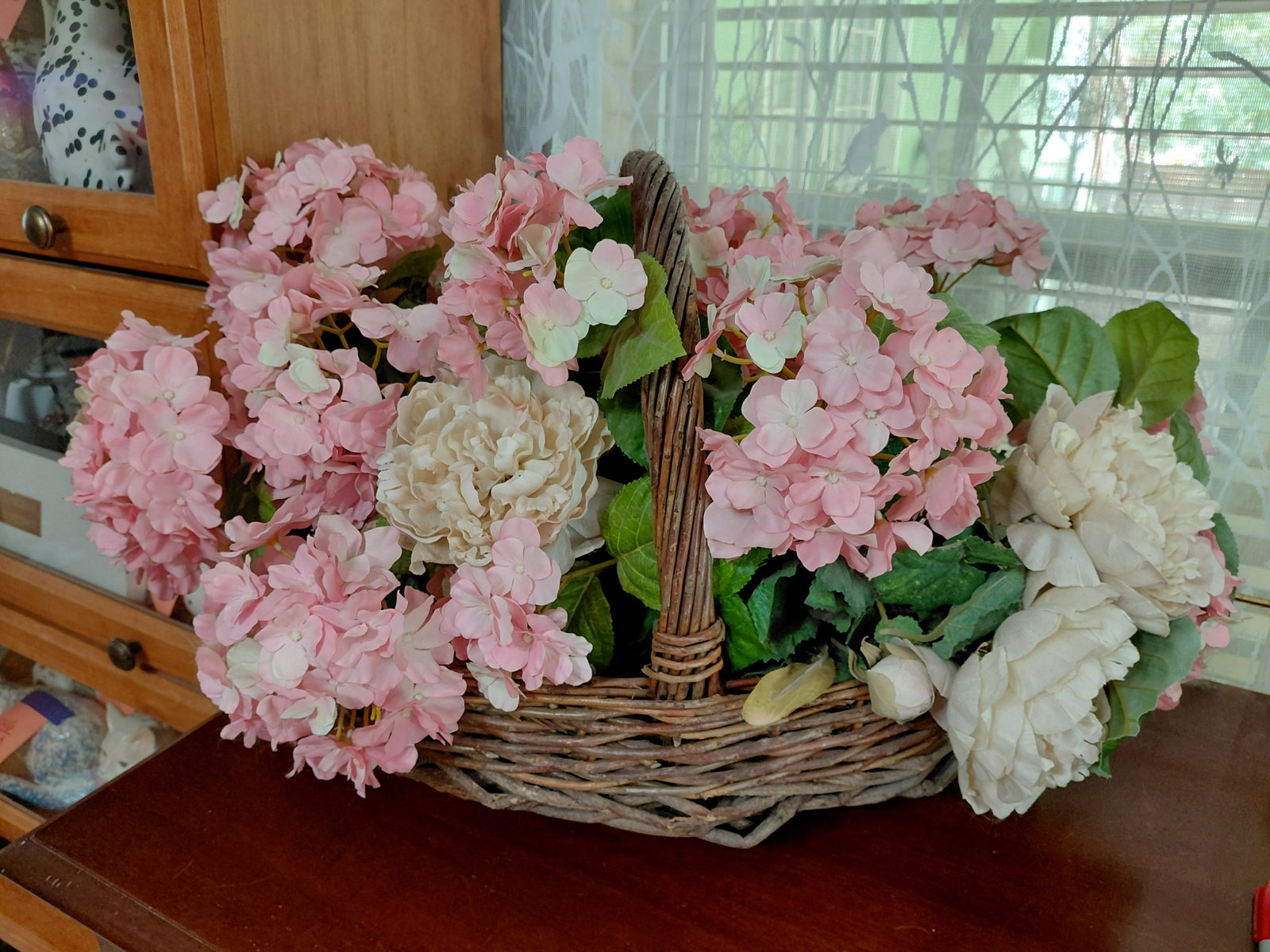 Large Wicker Basket Filled with Flowers: Large Wicker Basket Filled with Flowers