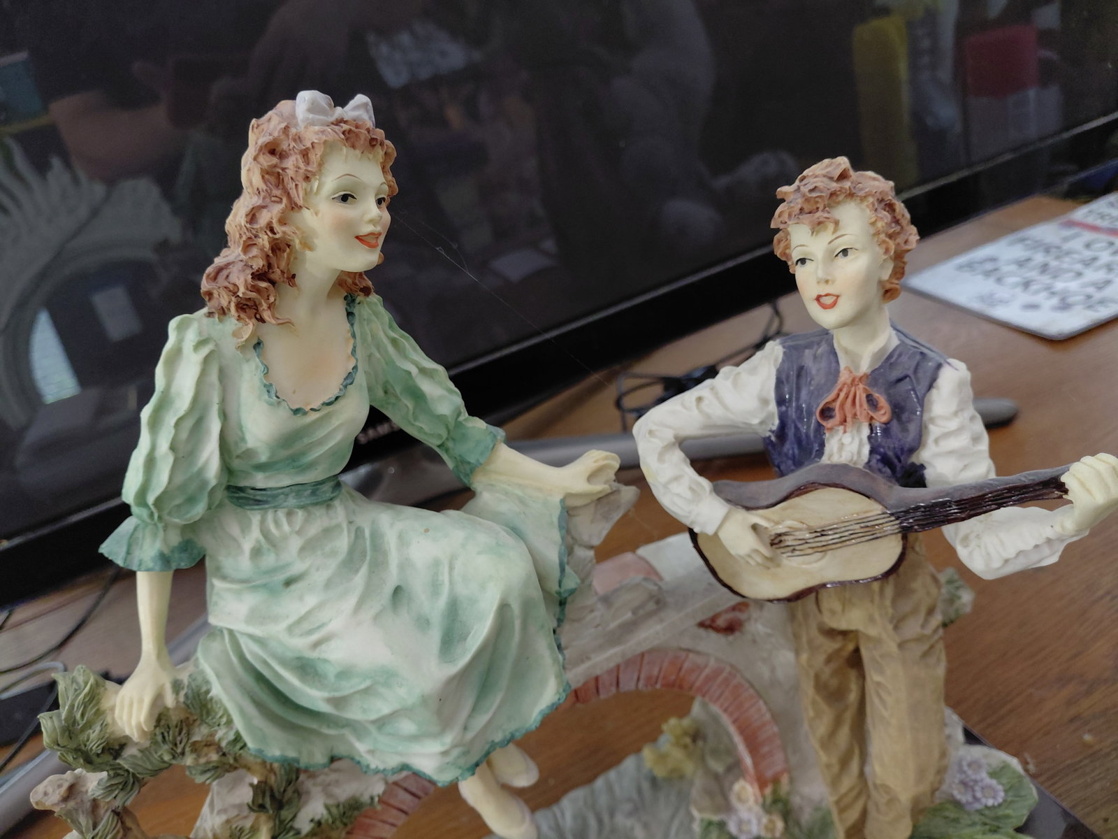 Large Resin Statue on wood base / Girl Being Seranaded - 3