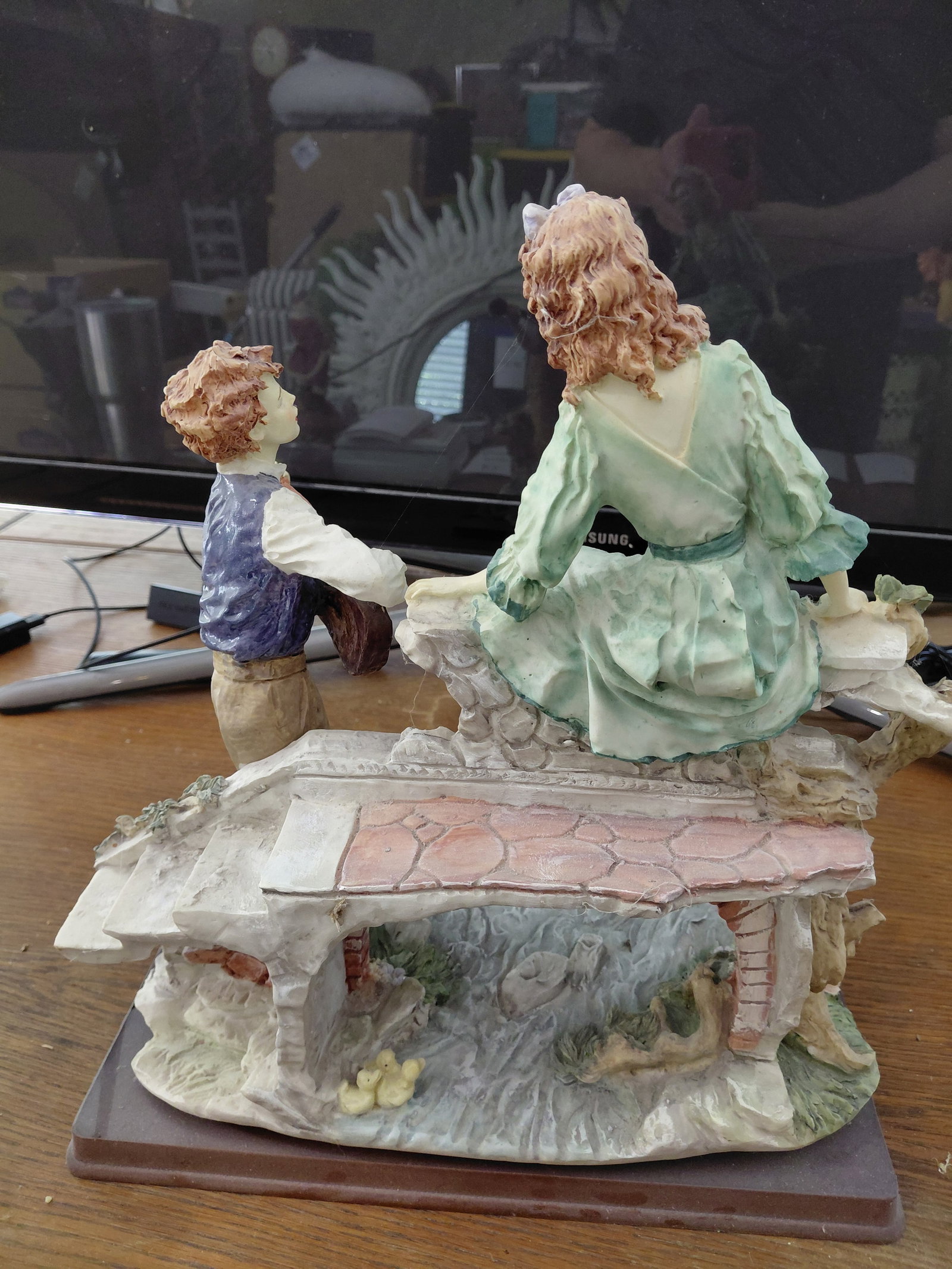 Large Resin Statue on wood base / Girl Being Seranaded - 4