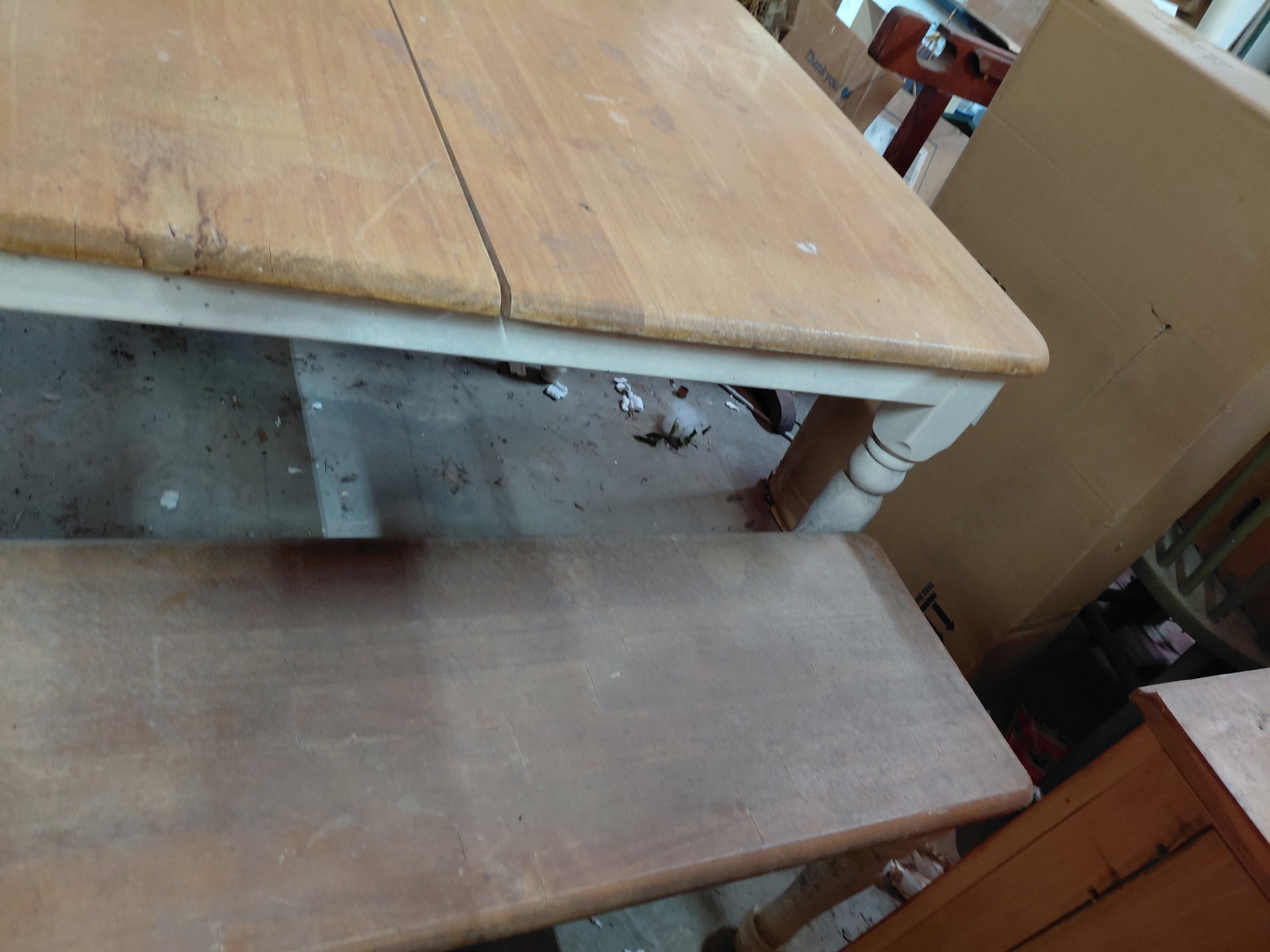 Country Farmhouse Table with 2 benches and 2 Chairs / No leaves / some wear as seen - 9