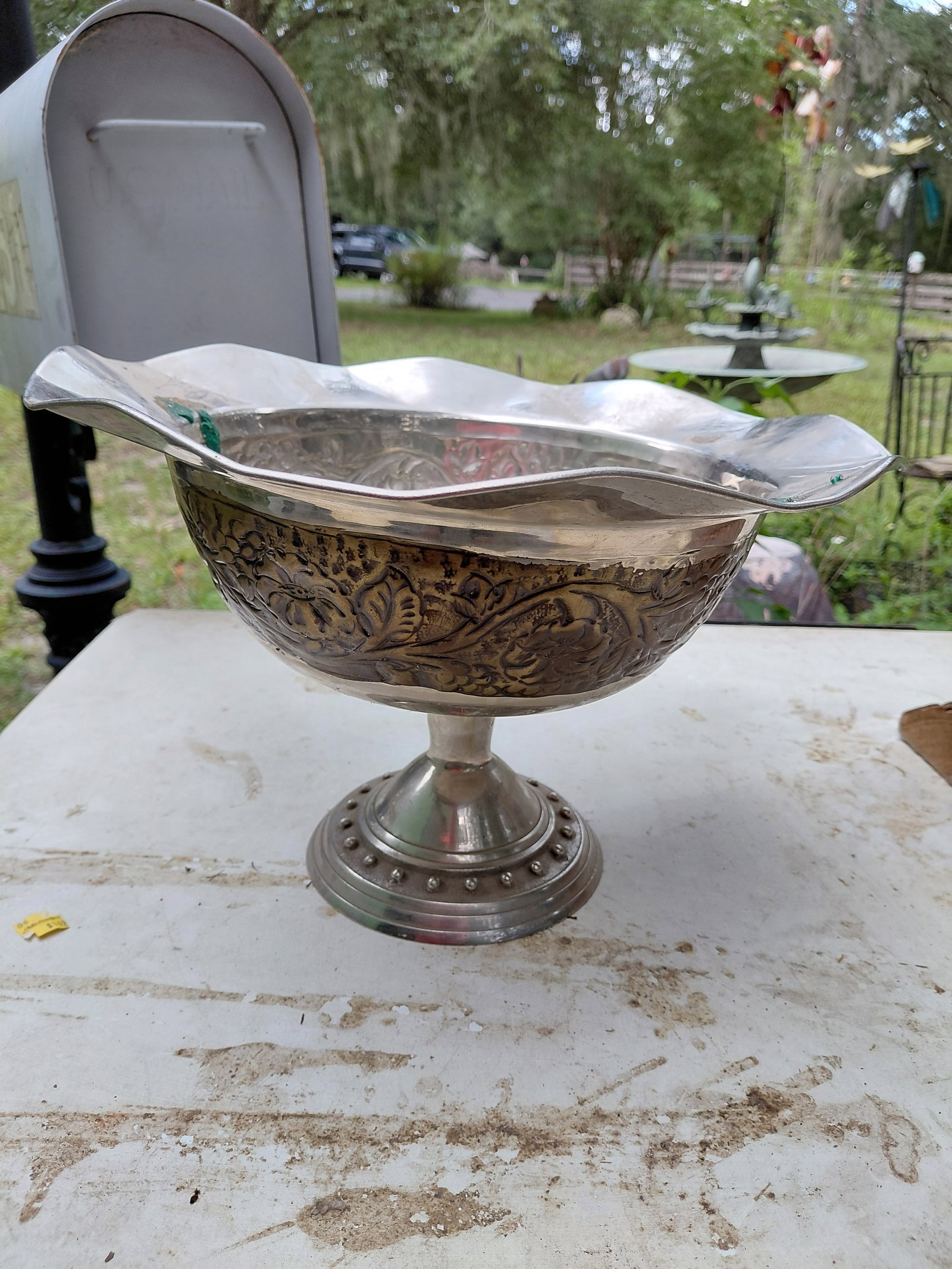 Ornate Metal Fruit Bowl / Used as a Planter Centerpiece so has green foam holder inside as seen: Ornate Metal Fruit Bowl / Used as a Planter Centerpiece so has green foam holder inside as seen