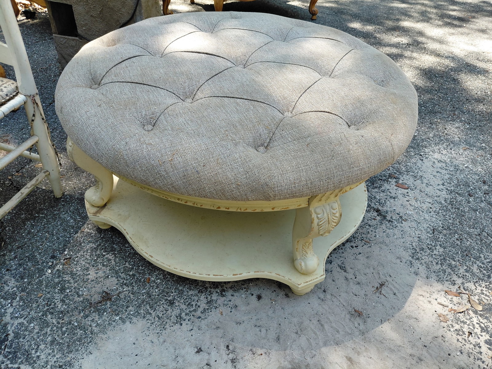 Beautiful Large French Style Tufted Bench/ Fabric needs cleaned as seen: Beautiful Large French Style Tufted Bench/ Fabric needs cleaned as seen