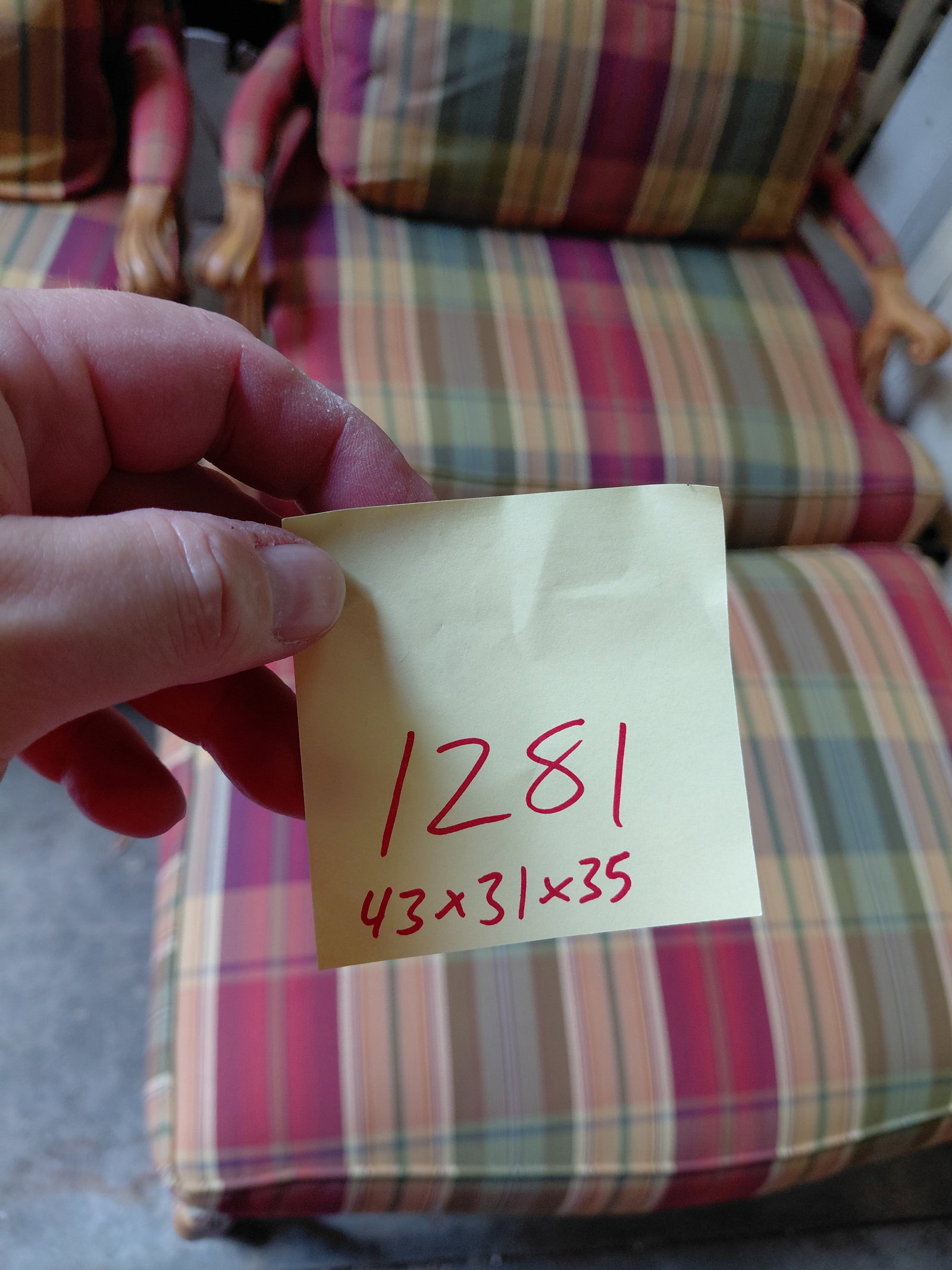 Pair of Plaid Chairs and 1 footstool by Fairfield Furniture/ great condition / one chair has water - 2
