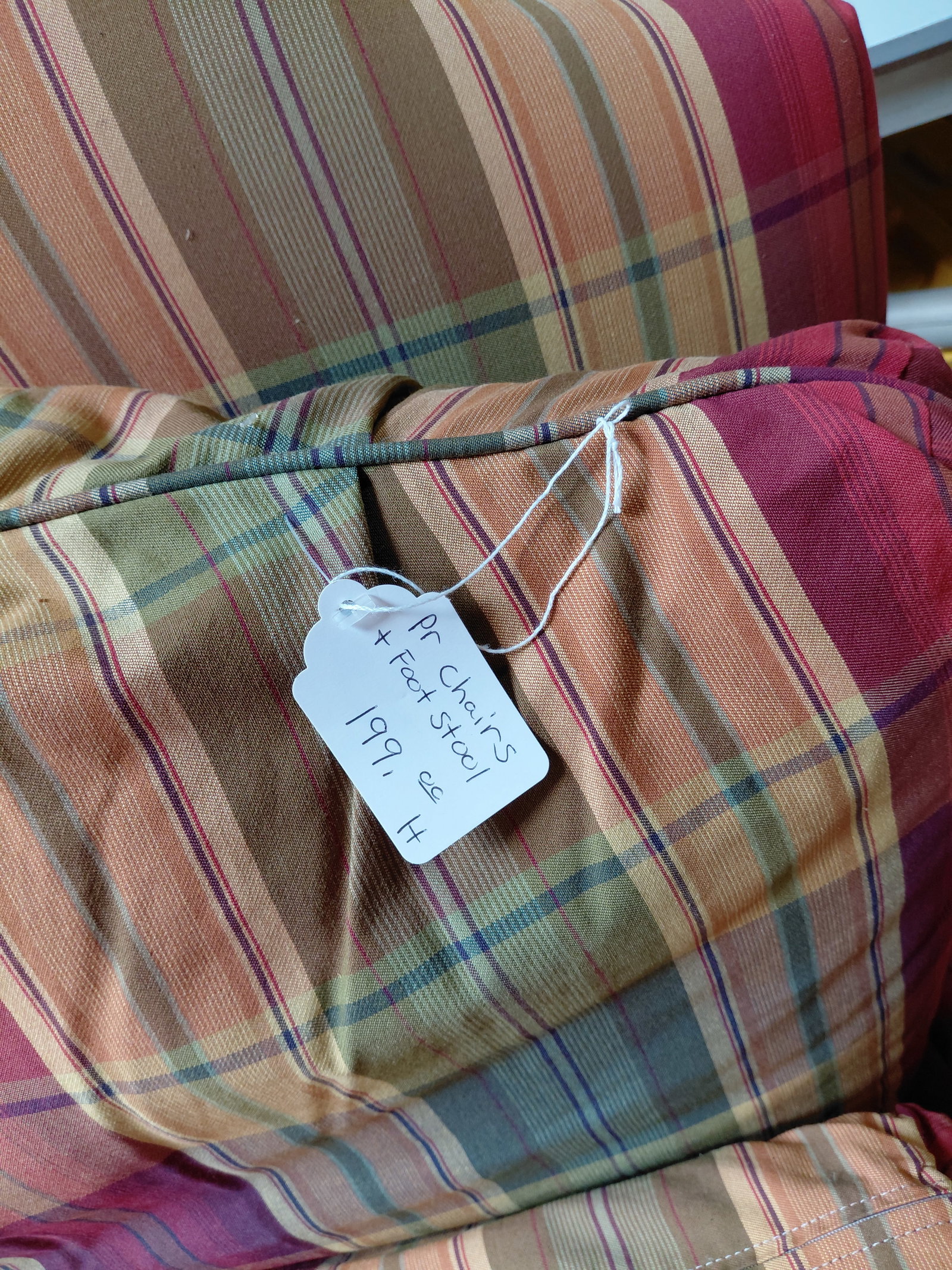 Pair of Plaid Chairs and 1 footstool by Fairfield Furniture/ great condition / one chair has water - 3