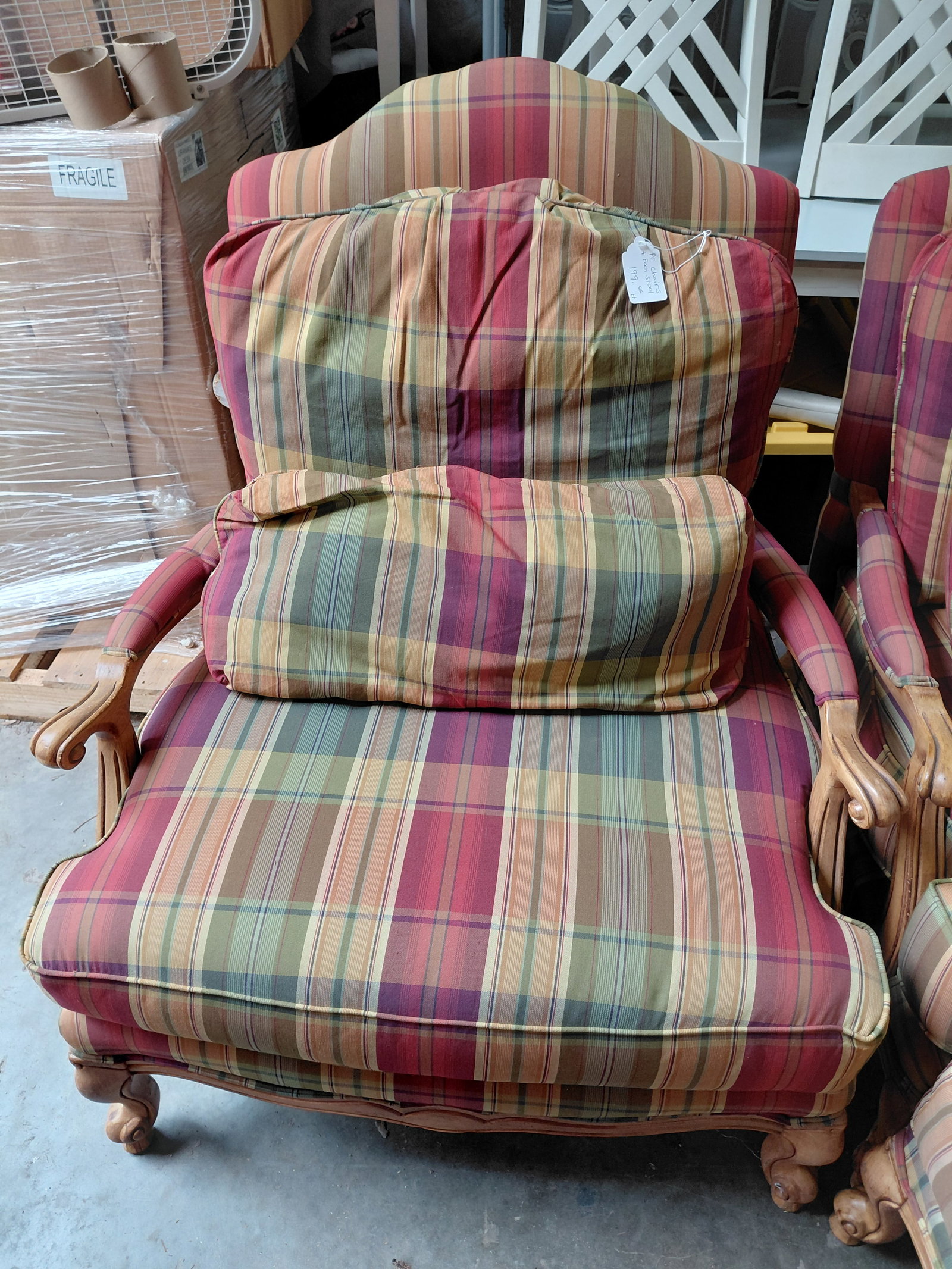 Pair of Plaid Chairs and 1 footstool by Fairfield Furniture/ great condition / one chair has water - 4
