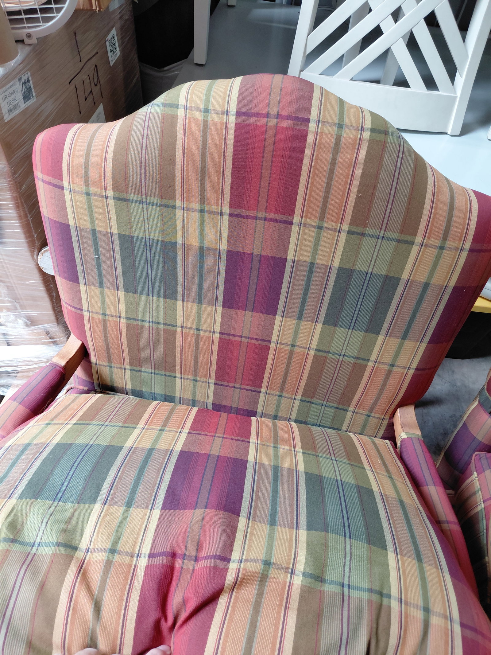 Pair of Plaid Chairs and 1 footstool by Fairfield Furniture/ great condition / one chair has water - 5