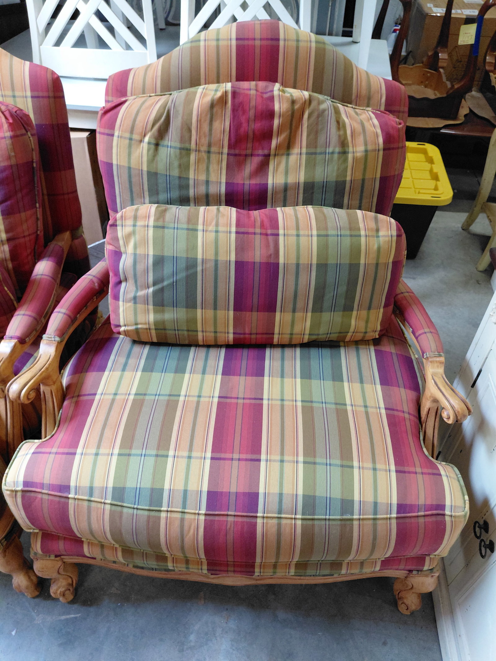 Pair of Plaid Chairs and 1 footstool by Fairfield Furniture/ great condition / one chair has water - 8