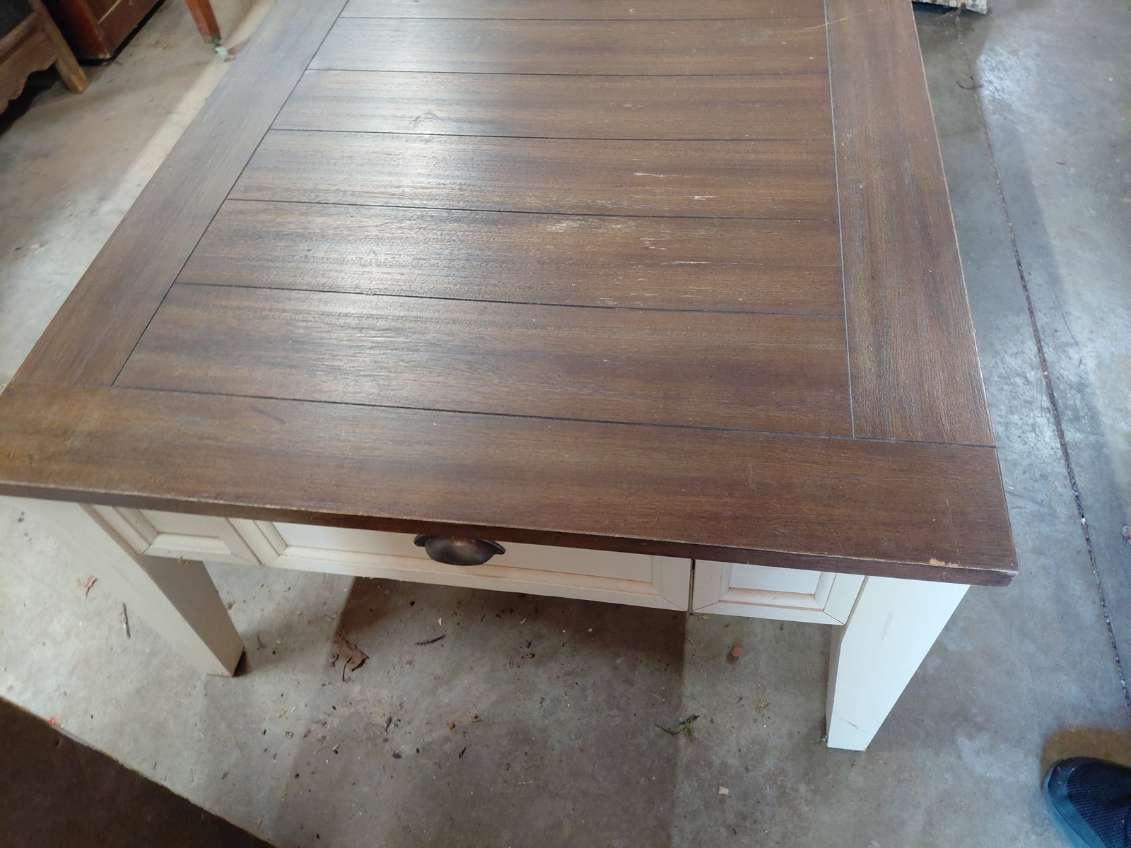 Large Country Farmhouse Coffee Table with Drawers at each end / some wear as seen in photos - 7