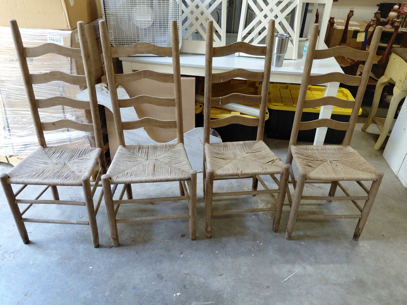 Set of 4 Primitive Ladderback Chairs with woven seats / some wear as seen (1 of 8)