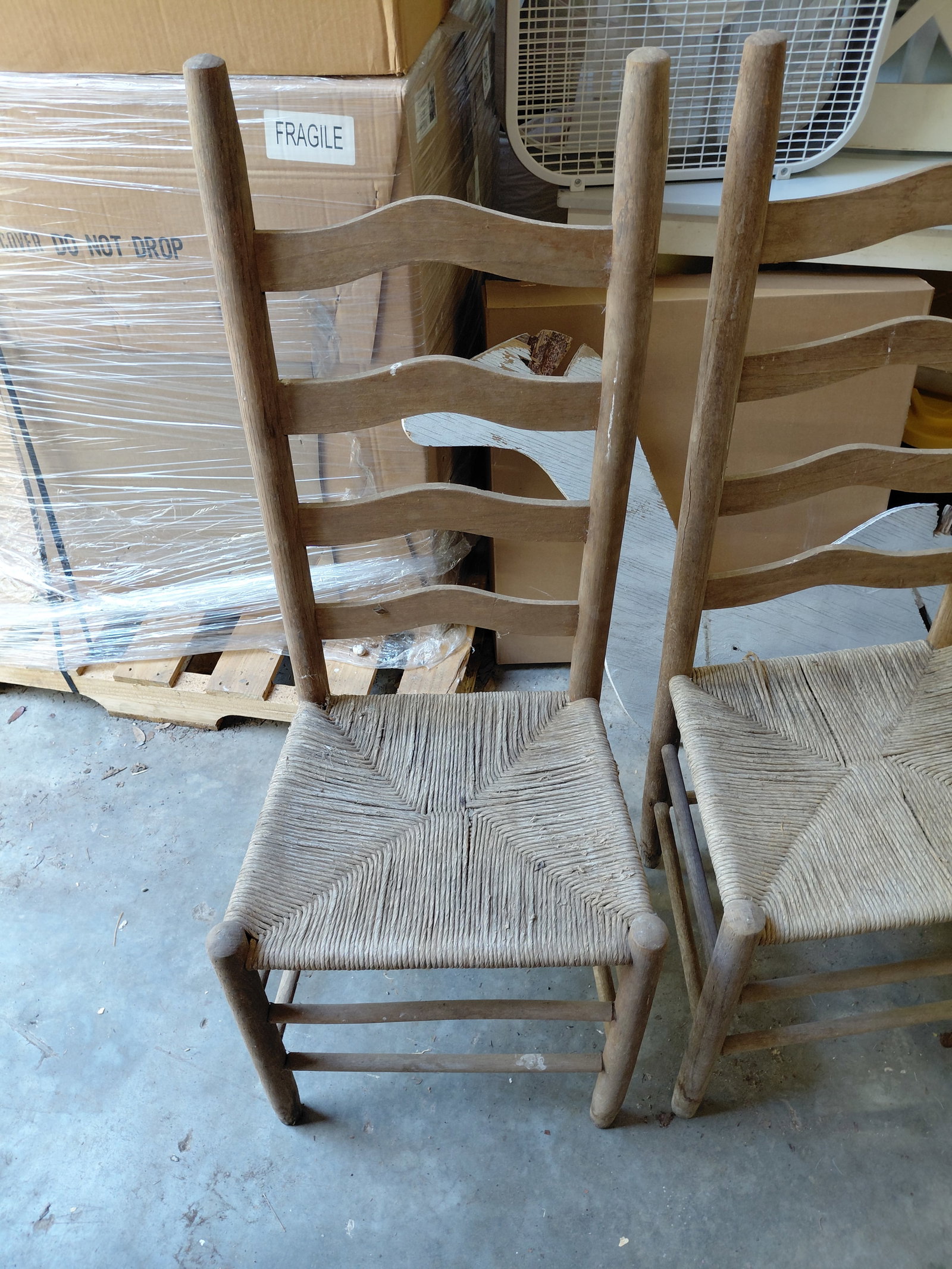 Set of 4 Primitive Ladderback Chairs with woven seats / some wear as seen - 3