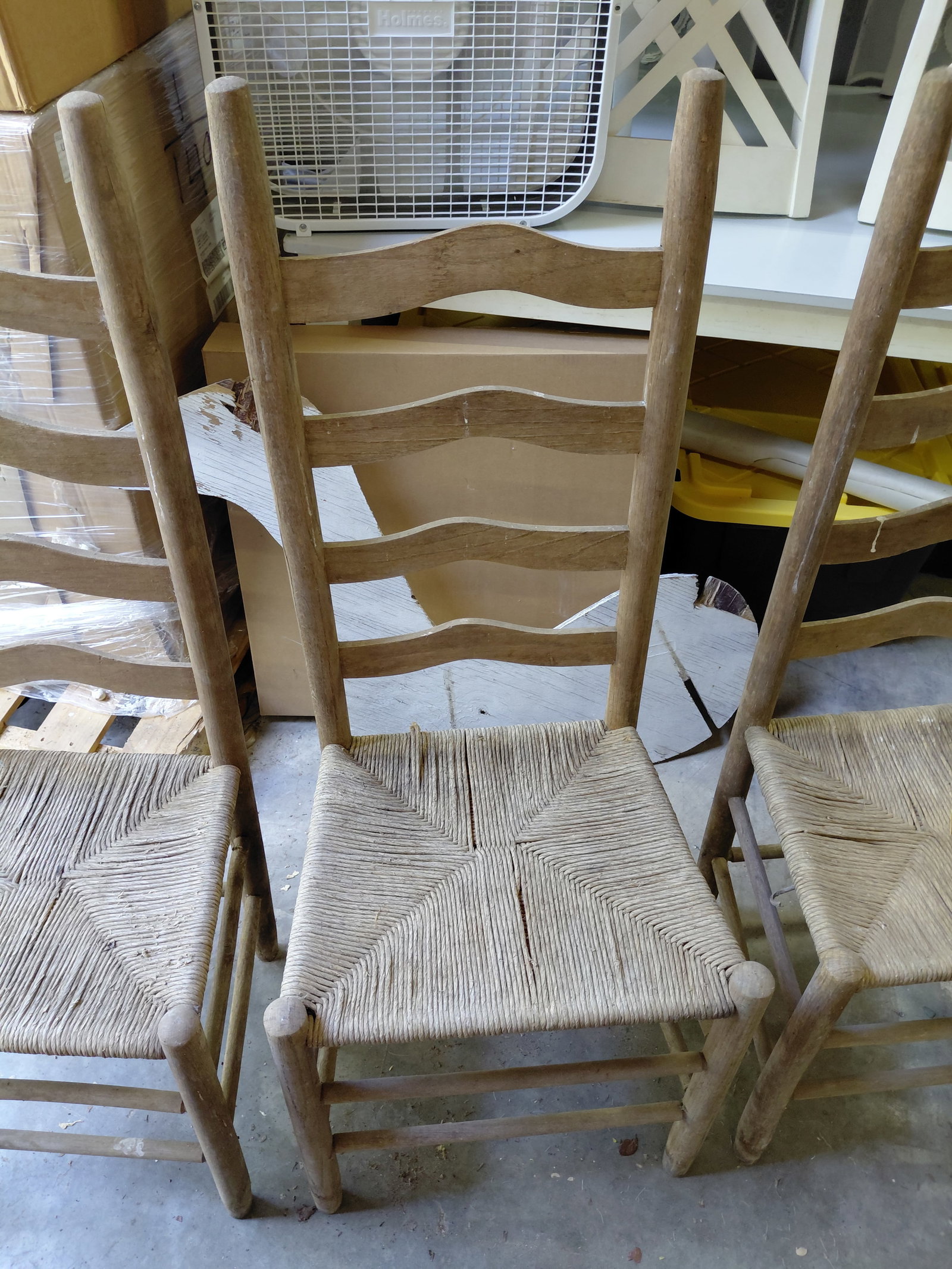 Set of 4 Primitive Ladderback Chairs with woven seats / some wear as seen - 4