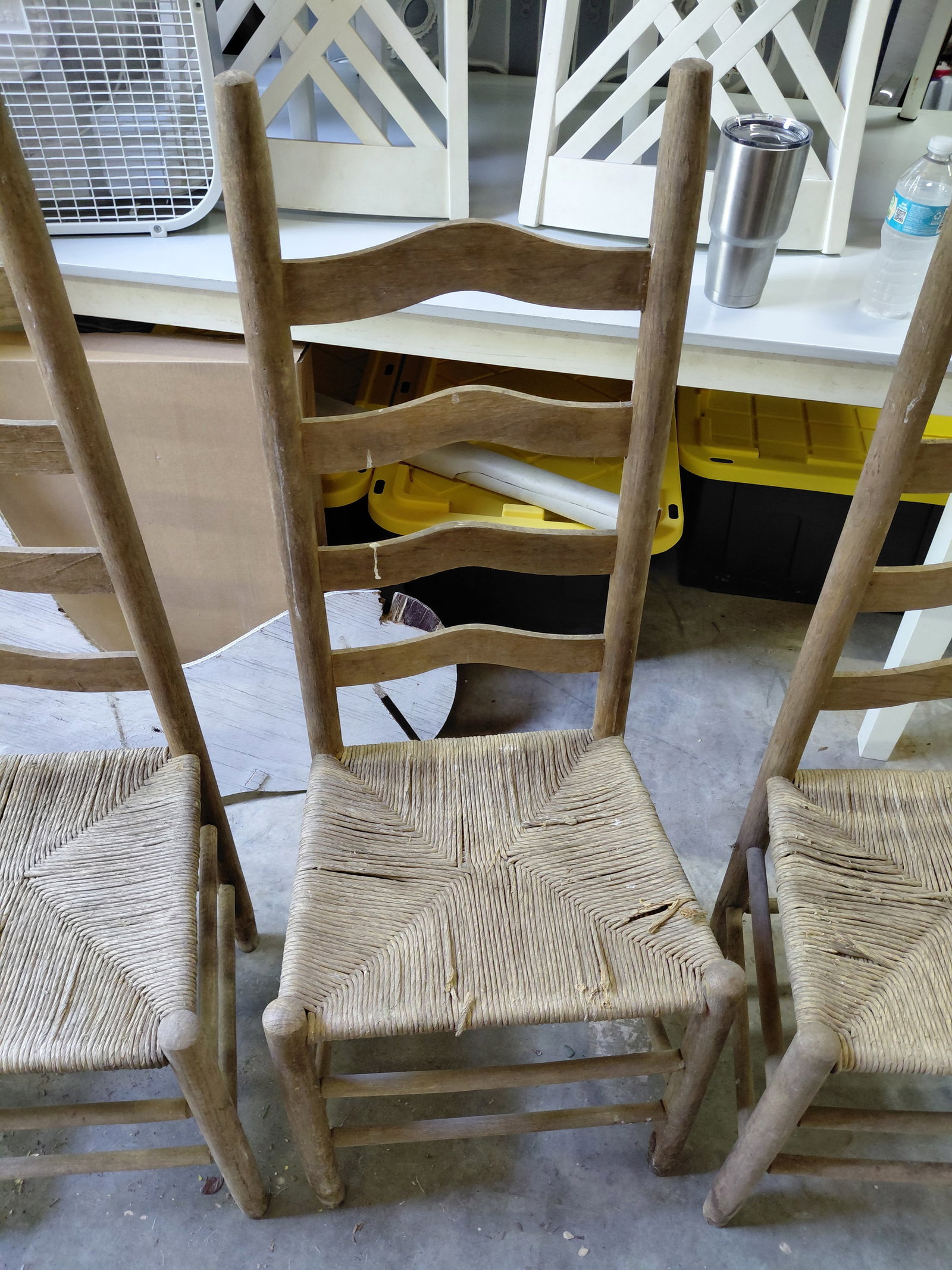 Set of 4 Primitive Ladderback Chairs with woven seats / some wear as seen - 5