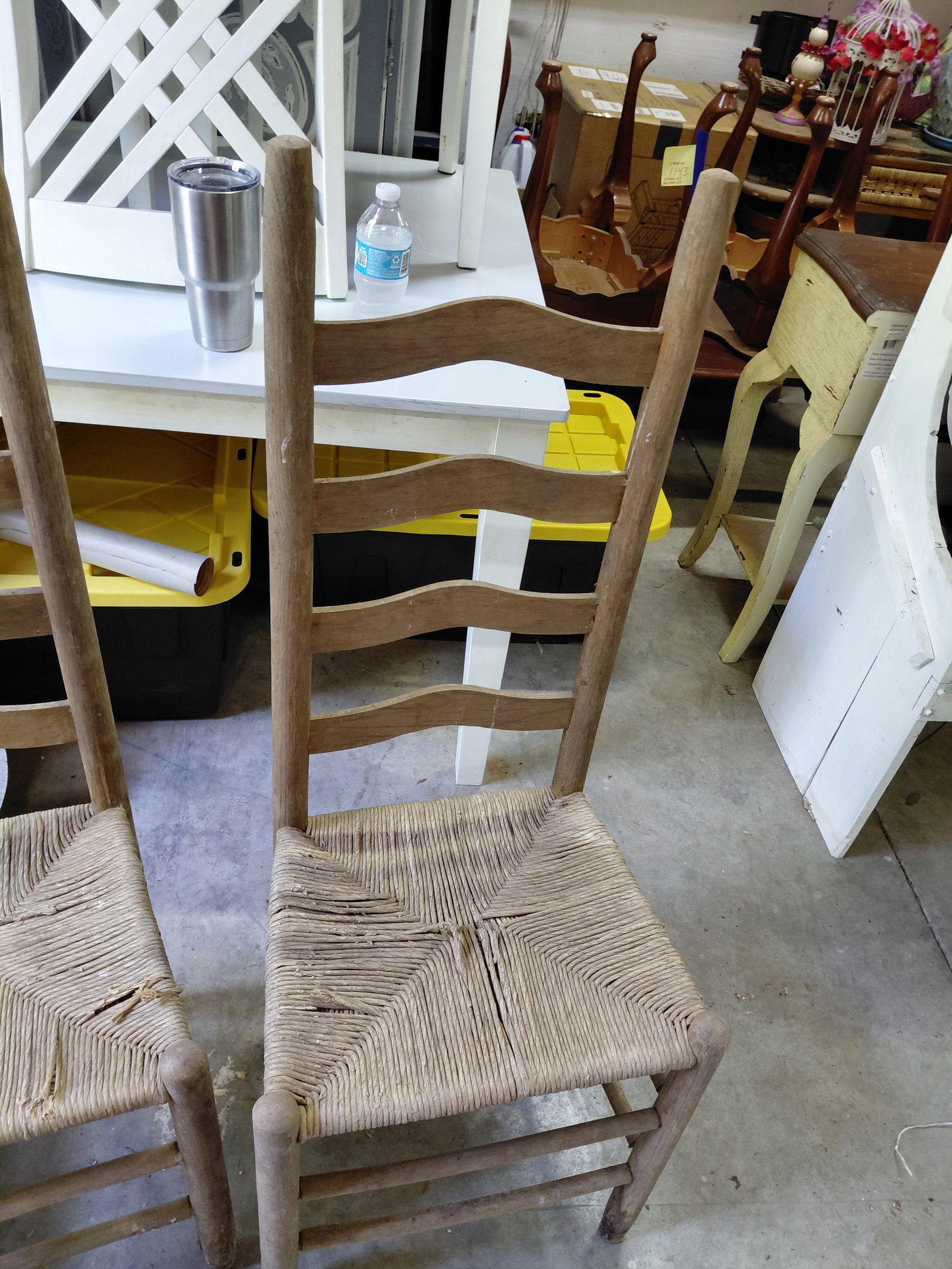 Set of 4 Primitive Ladderback Chairs with woven seats / some wear as seen - 6