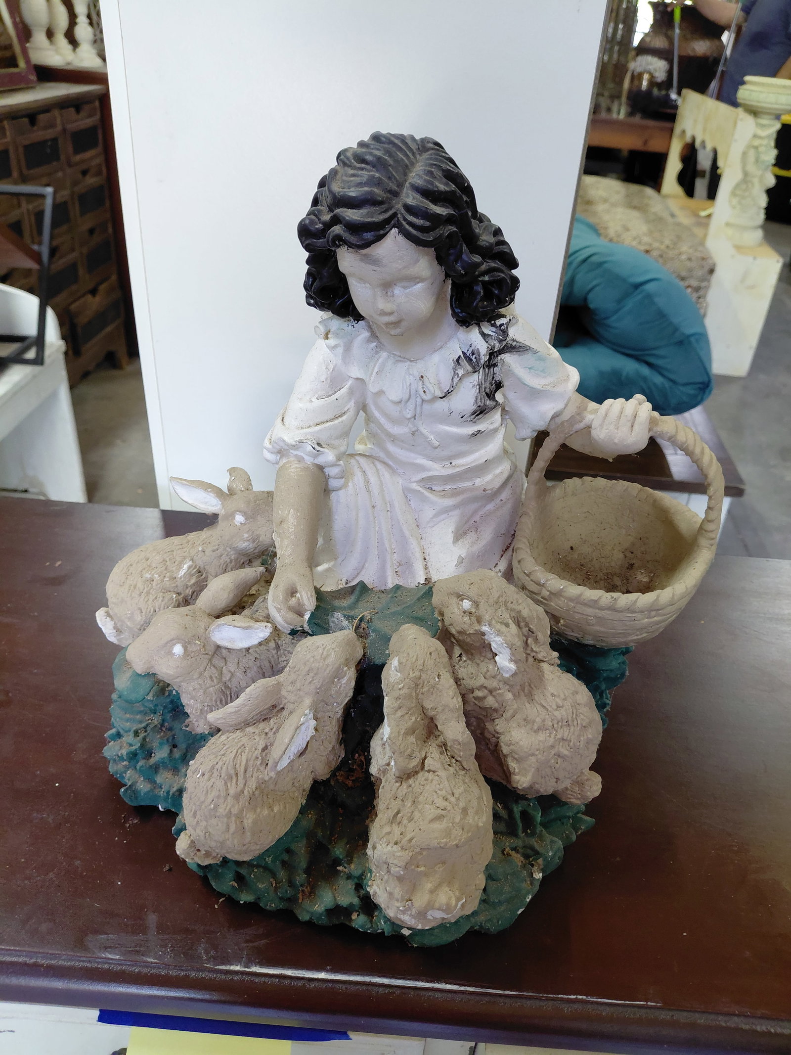 Resin Woman Feeding Bunny Rabbits Statue Ones ear is loose as it is how it was shipped: Resin Woman Feeding Bunny Rabbits Statue Ones ear is loose as it is how it was shipped