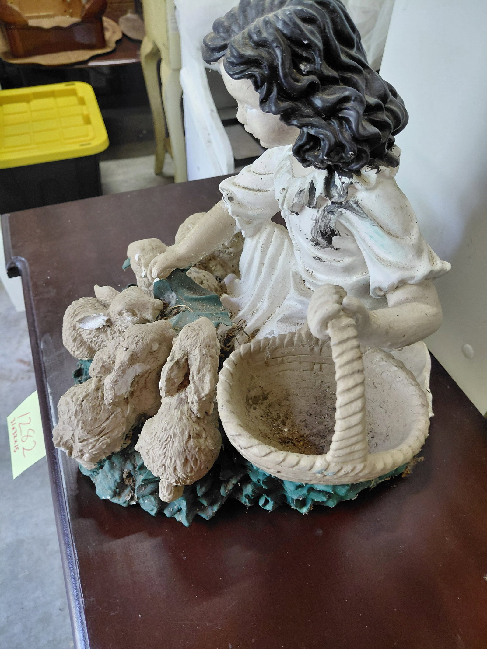 Resin Woman Feeding Bunny Rabbits Statue Ones ear is loose as it is how it was shipped - 4
