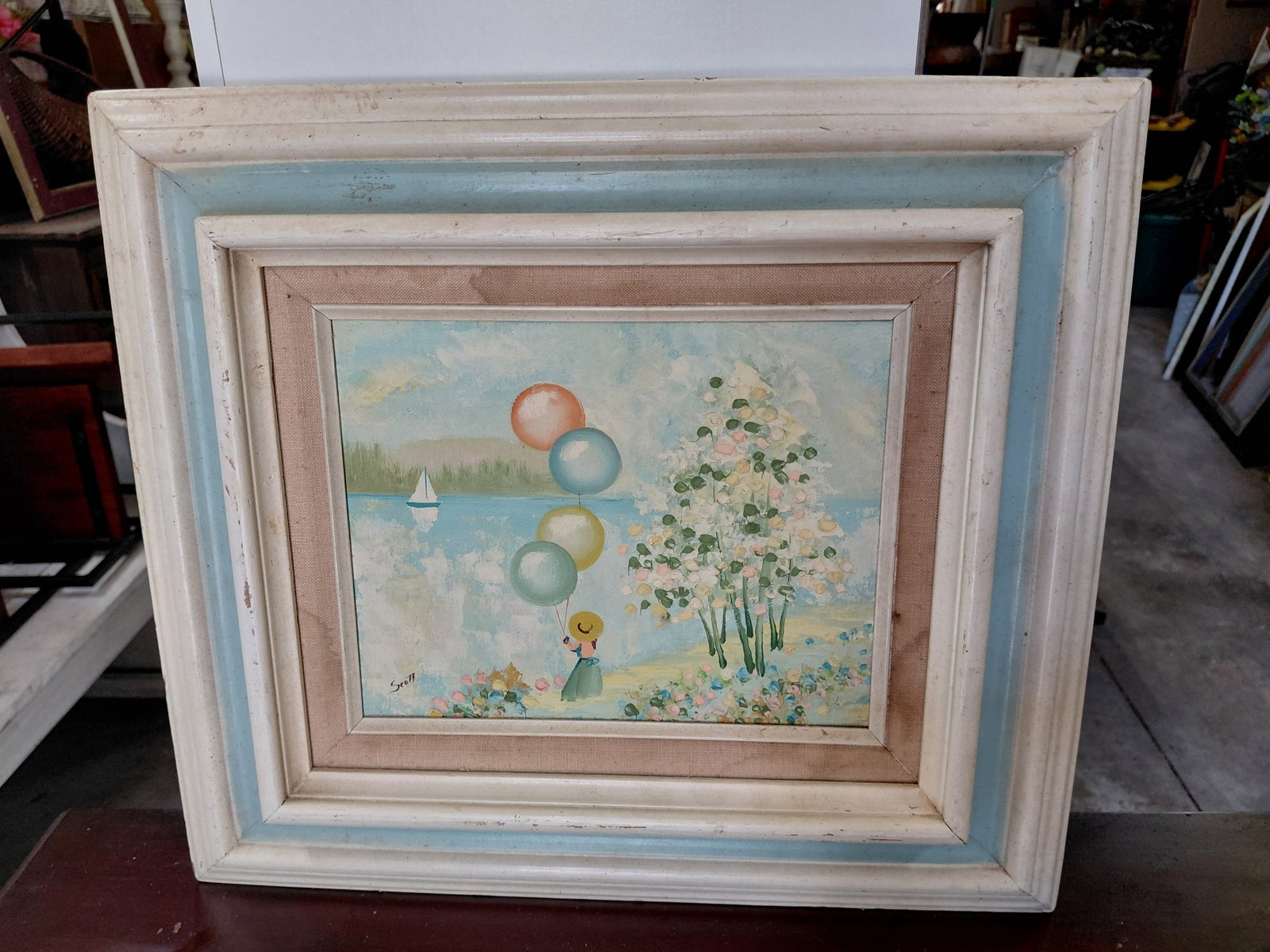 Framed Oil Painting on Board/ Child with balloons as seen: Framed Oil Painting on Board/ Child with balloons as seen
