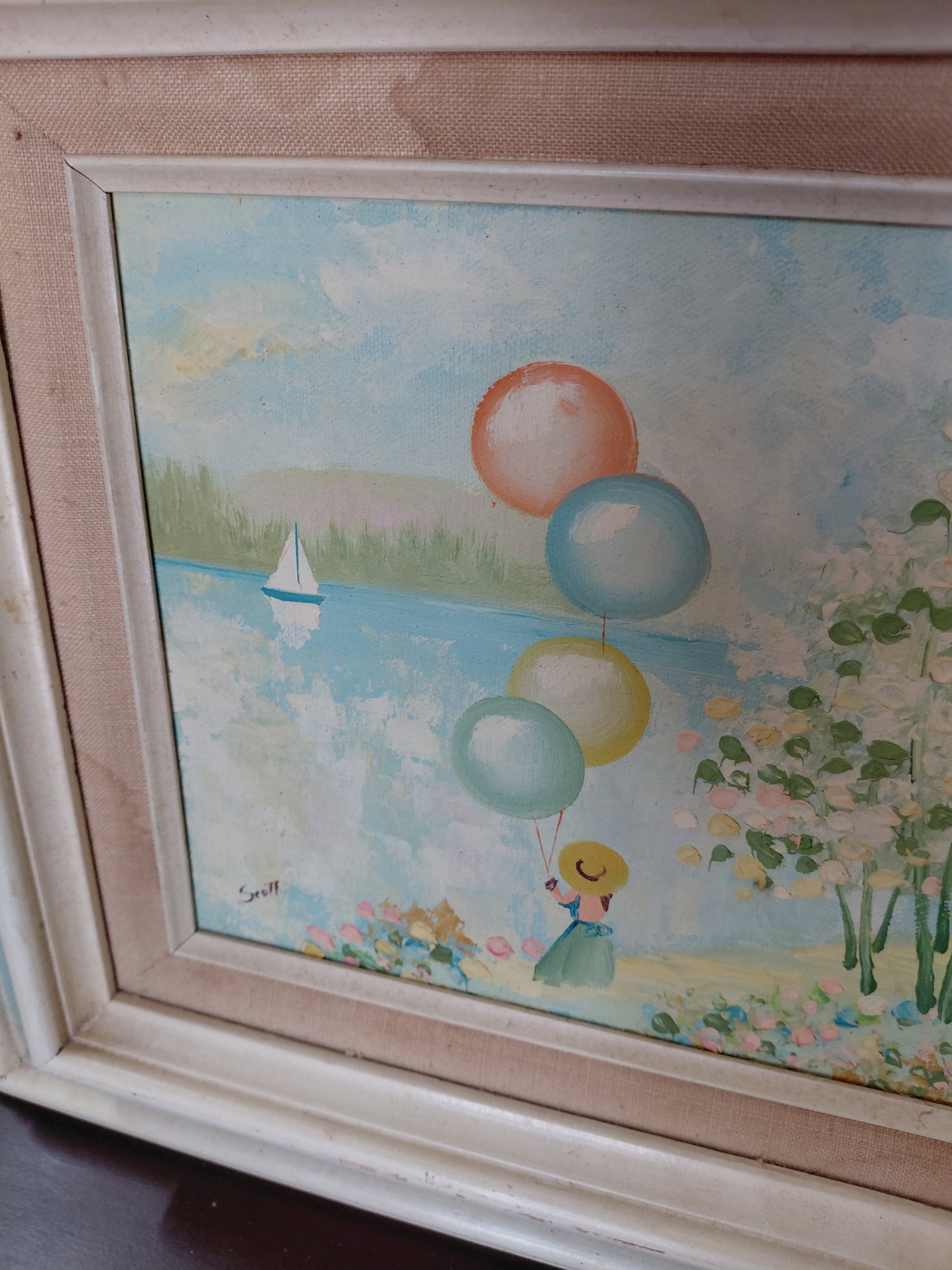 Framed Oil Painting on Board/ Child with balloons as seen - 3