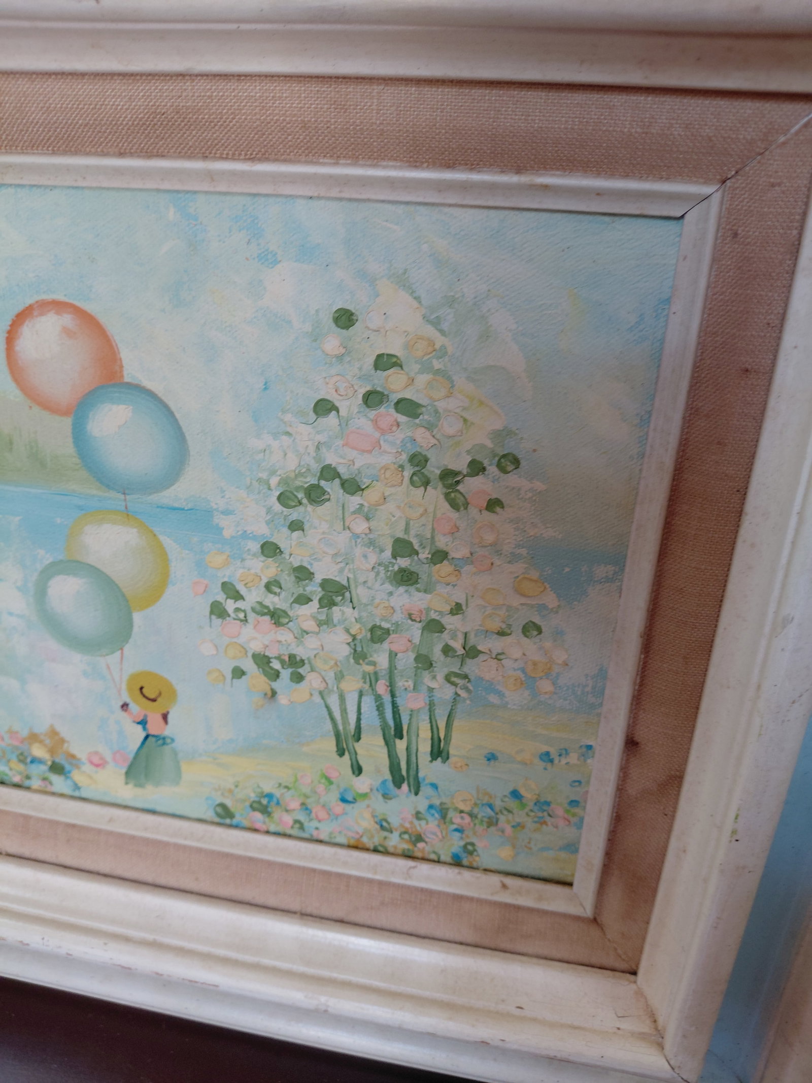 Framed Oil Painting on Board/ Child with balloons as seen - 4