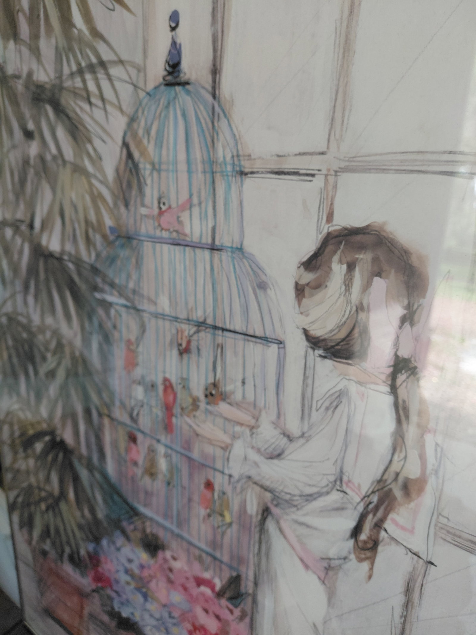 Framed Wall Art / Lady with Bird cage - 4